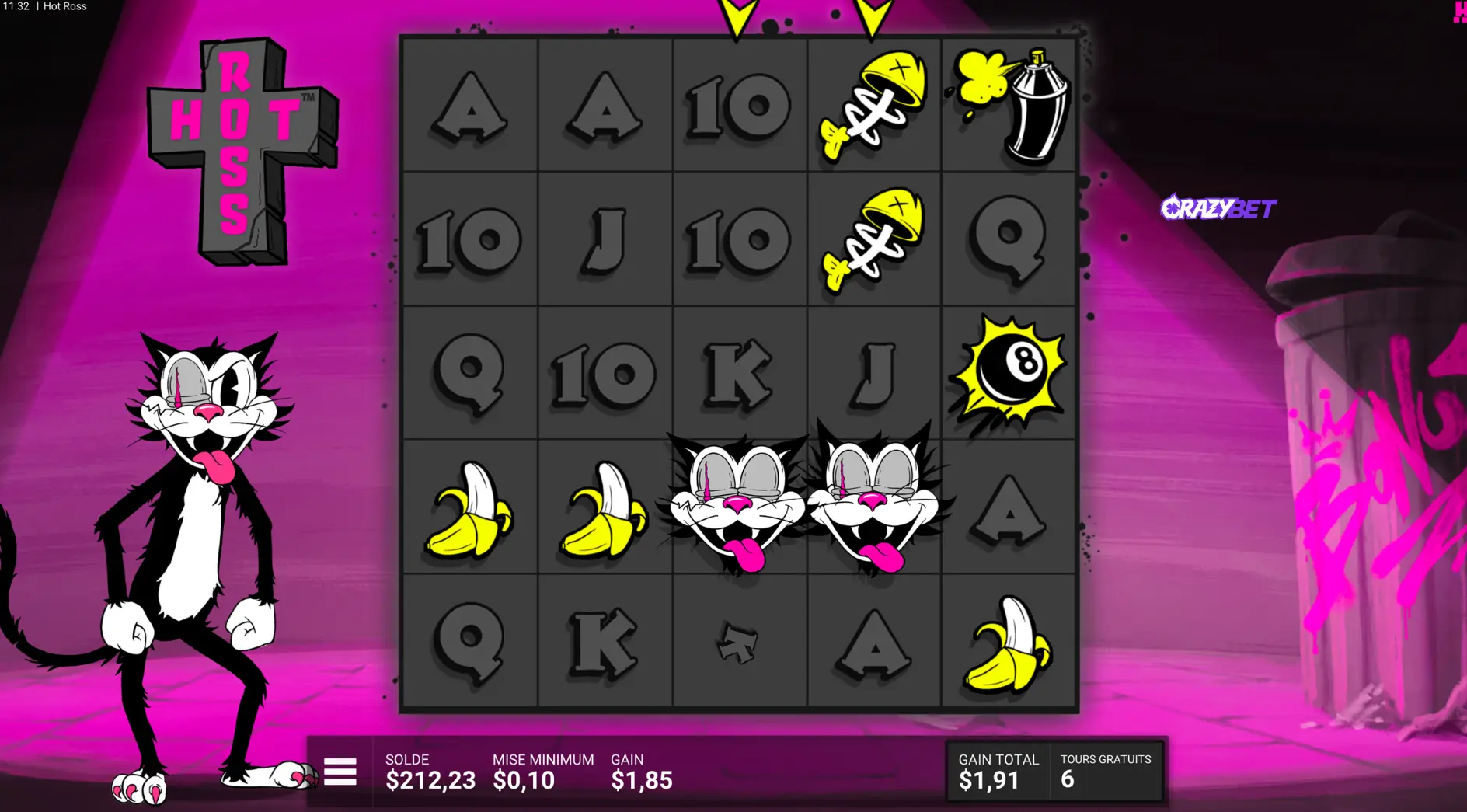 Hot Ro$$ Hacksaw Gaming free spins with character symbols and $1.85 win