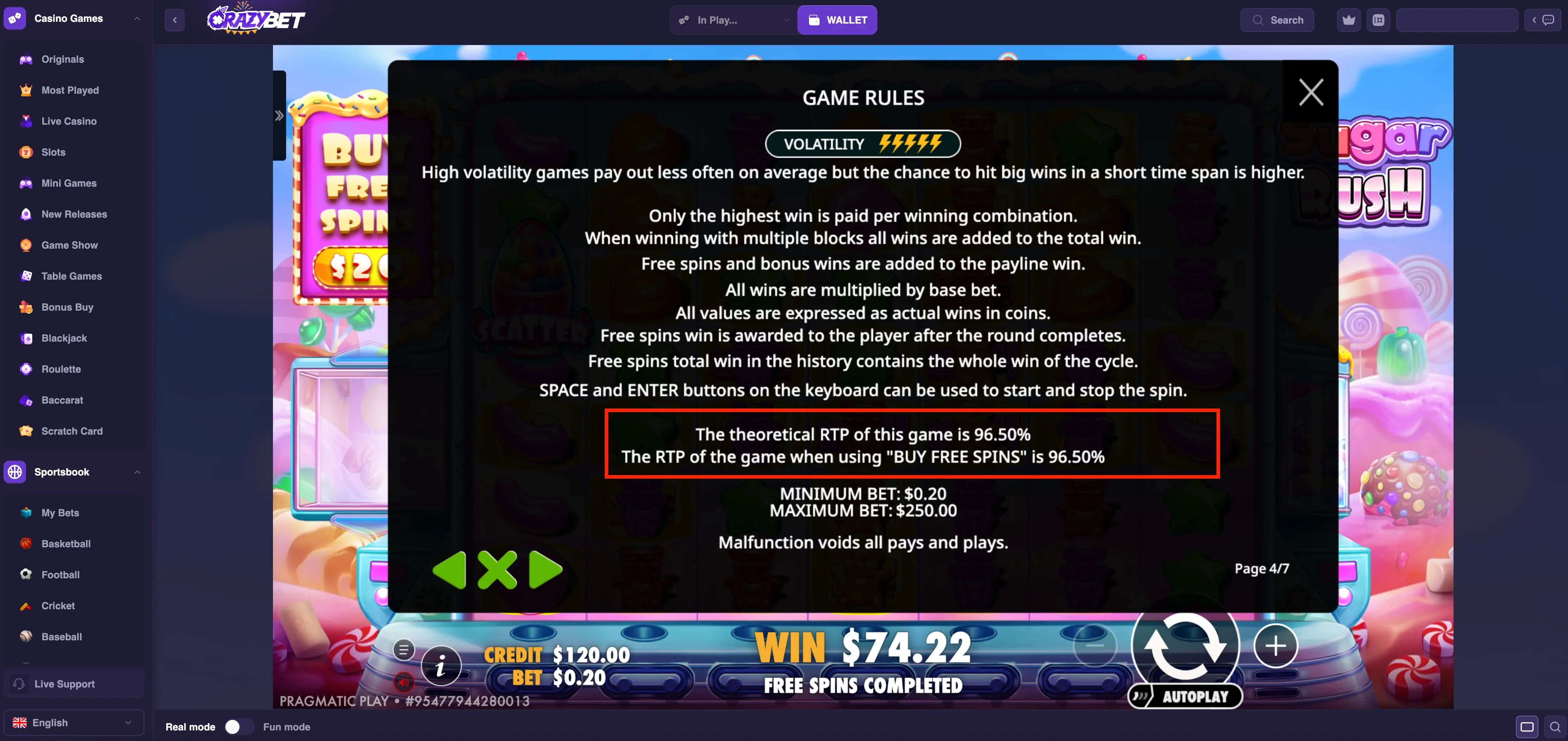 Sugar Rush RTP 96.50% (Pragmatic Play) on CrazyBet