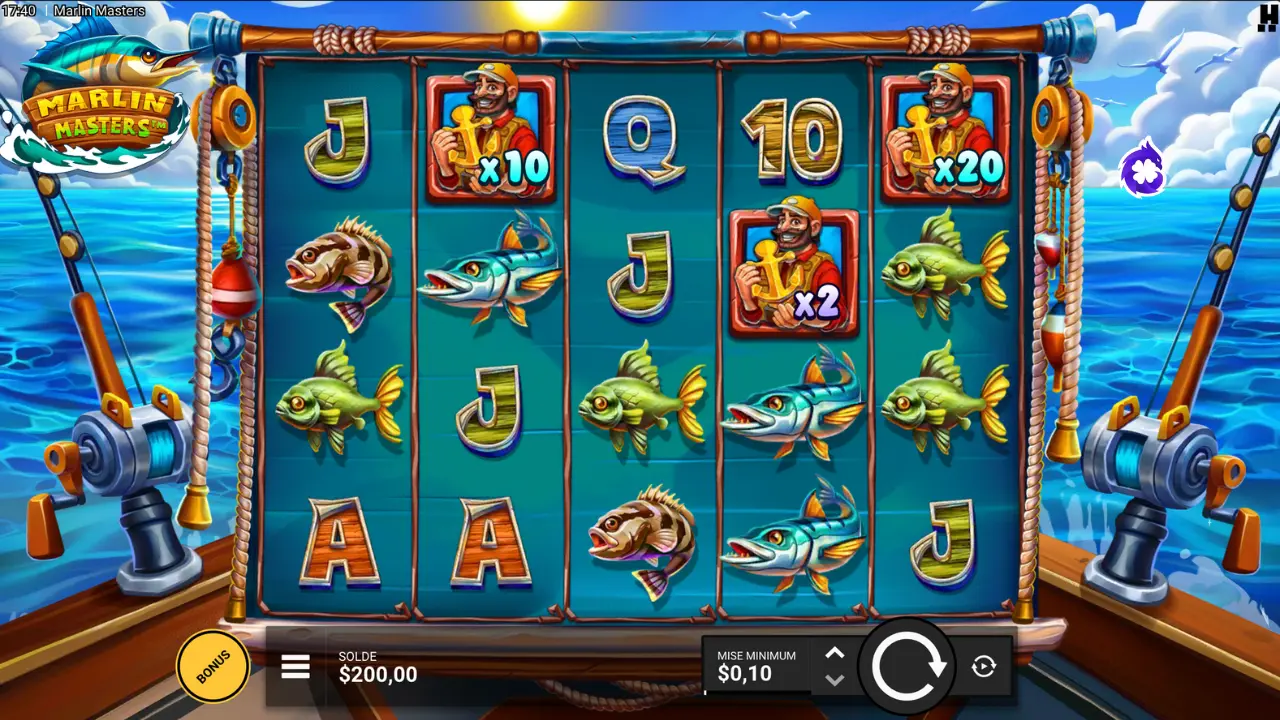 Marlin Masters base game – 5×4 grid, fish symbols and fisherman tiles x2/x10/x20 – Hacksaw Gaming