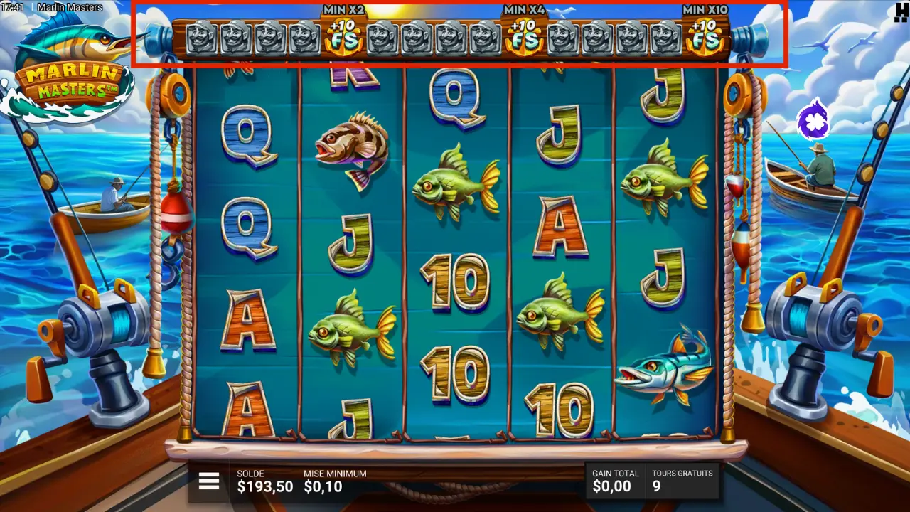 Marlin Masters – bonus progression bar (tiers x2, x4, x10 +10 Free Spins)