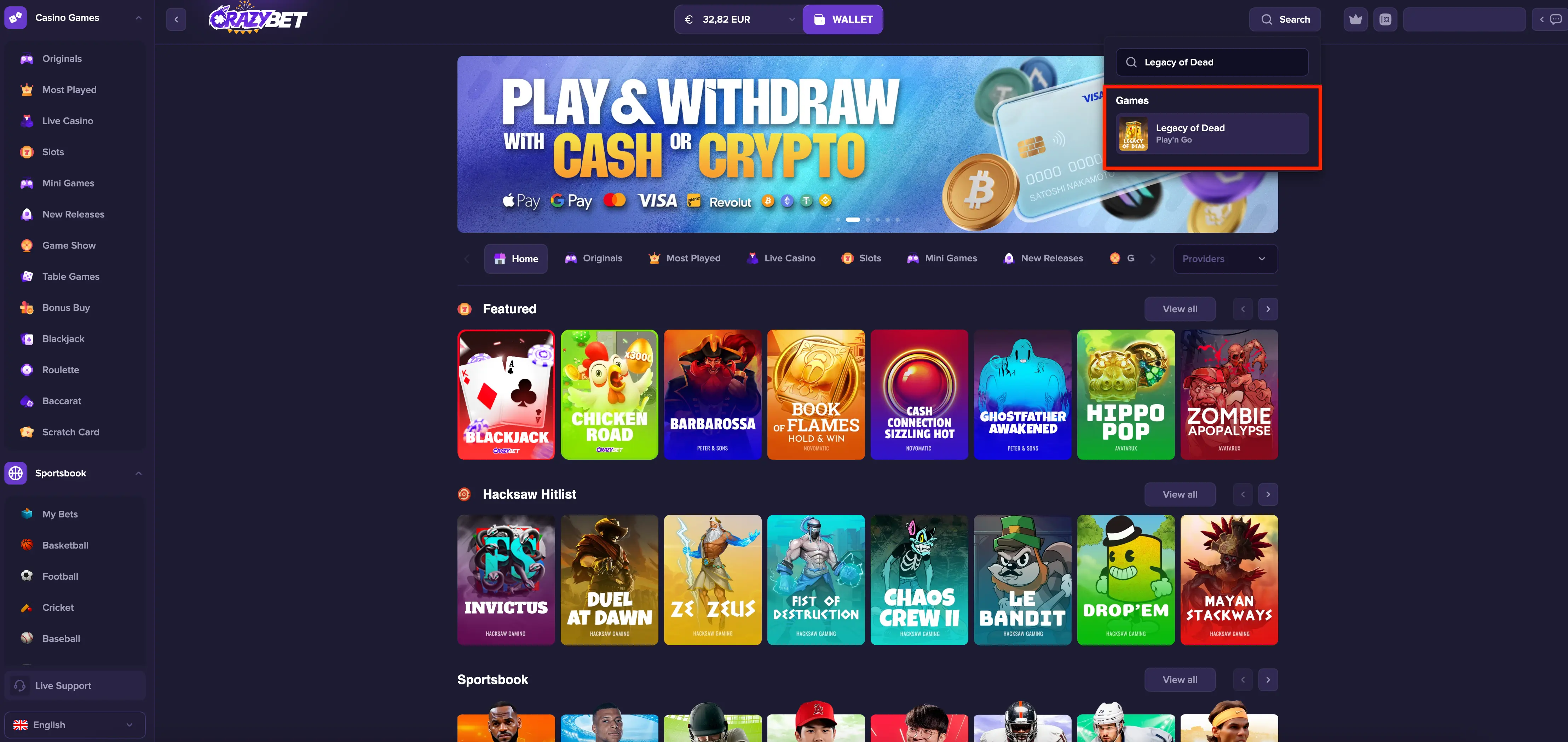 « Legacy of Dead sur CrazyBet – résultat de recherche du jeu Play’n GO dans le lobby »