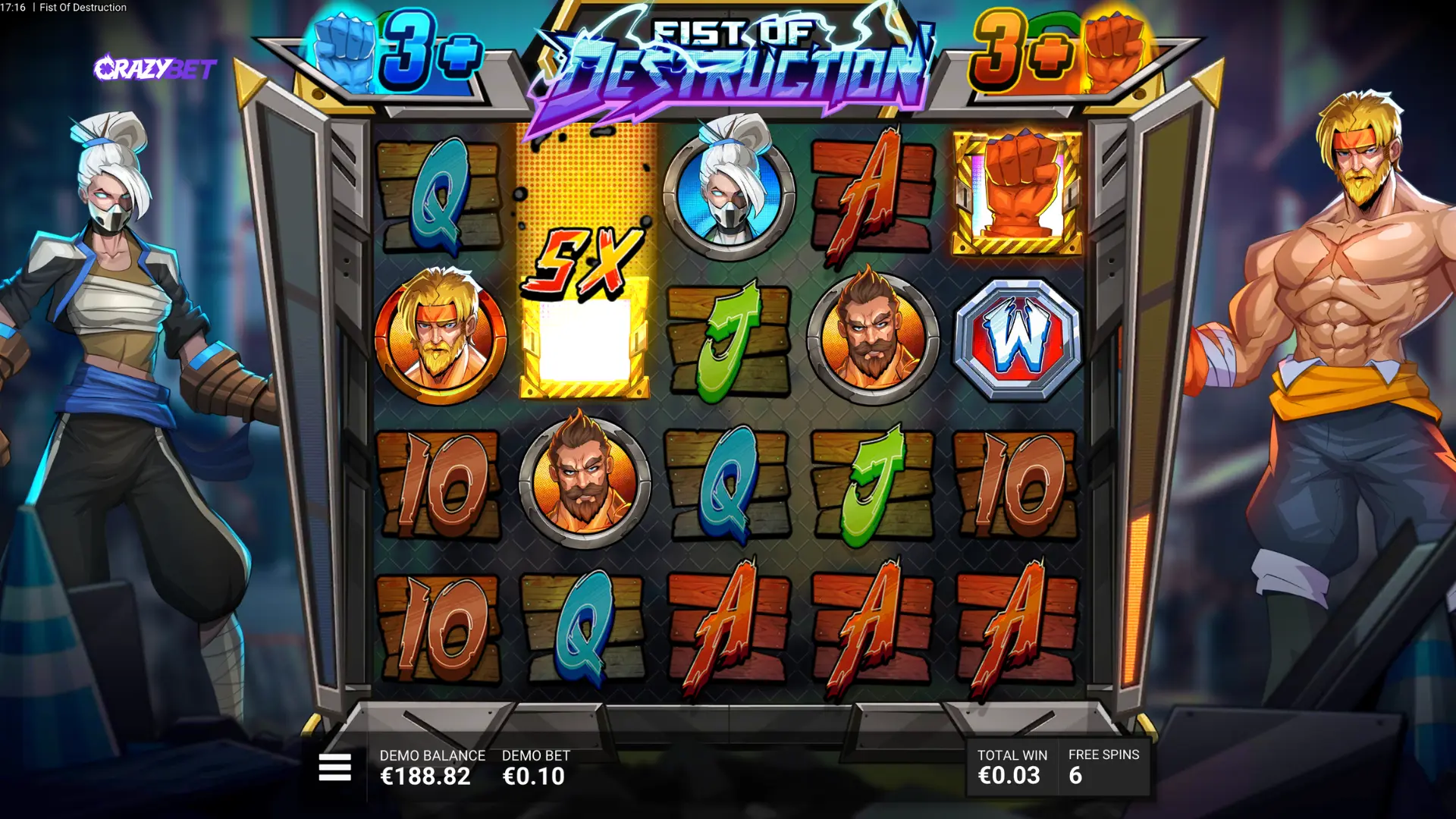 Fist of Destruction featuring a Fist Wild Reel with x5 multiplier on the central reel