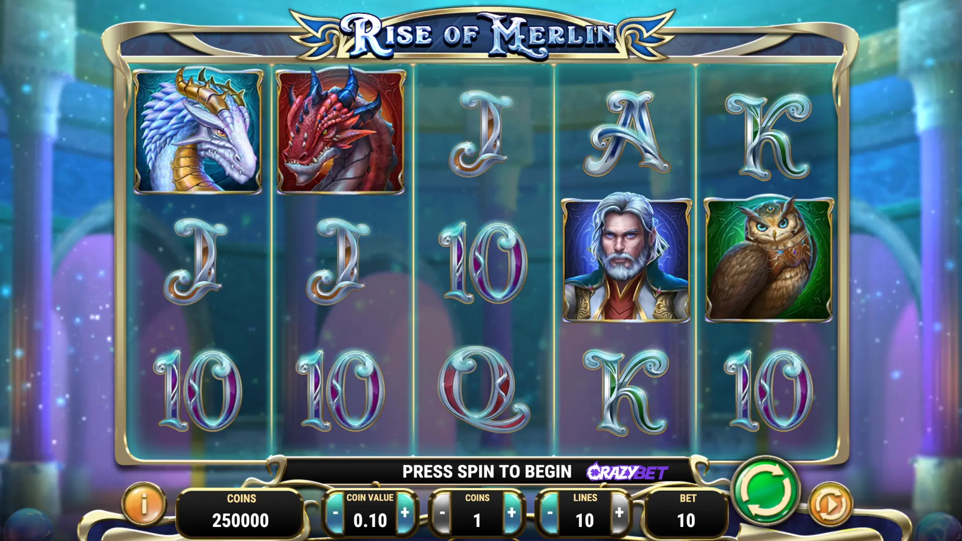 Rise of Merlin (Play'n GO) - 5x3 grid and CrazyBet interface