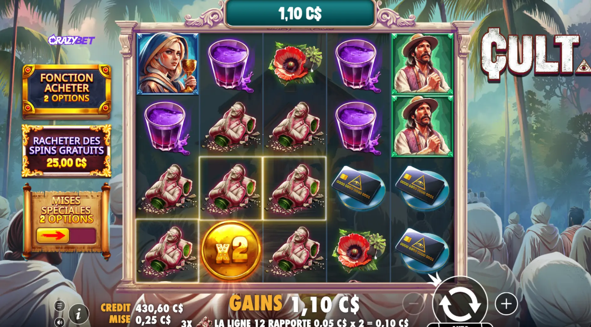 x2 multiplier activated on CULT slot by Pragmatic Play with a winning combination.