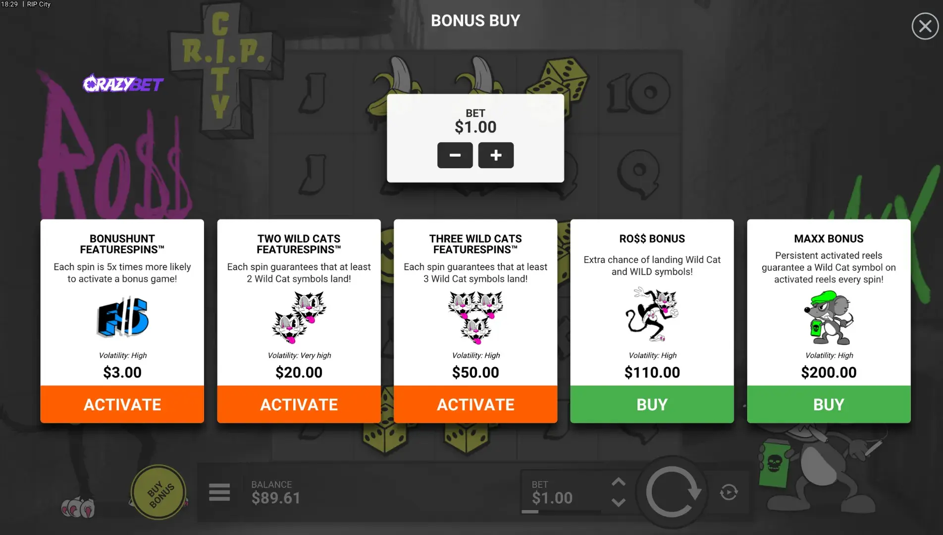 RIP City – options d’achat de bonus (FeatureSpins, Ros$, MAXX)