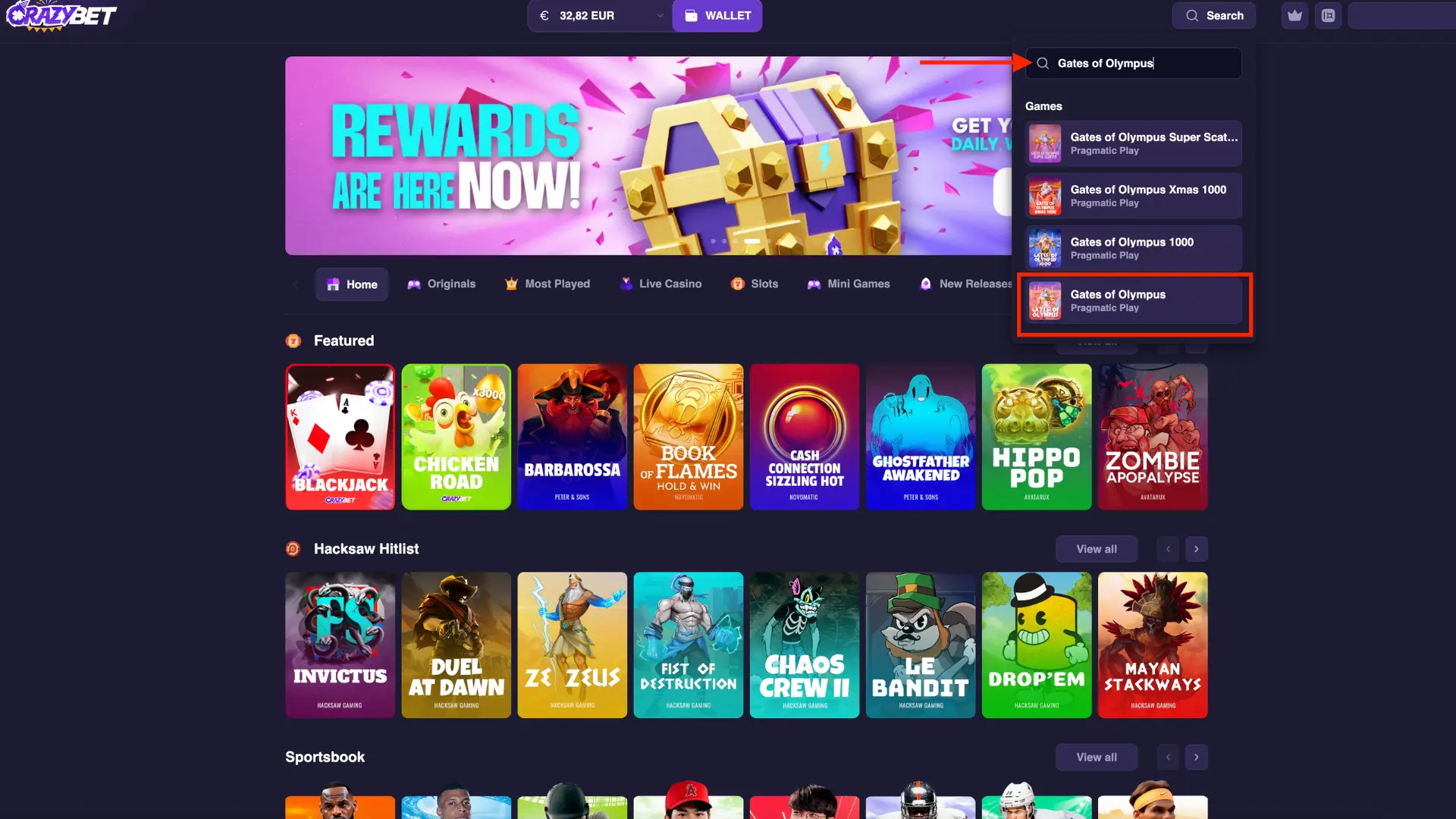 CrazyBet Casino Lobby – Search for 'Gates of Olympus' (Pragmatic Play)