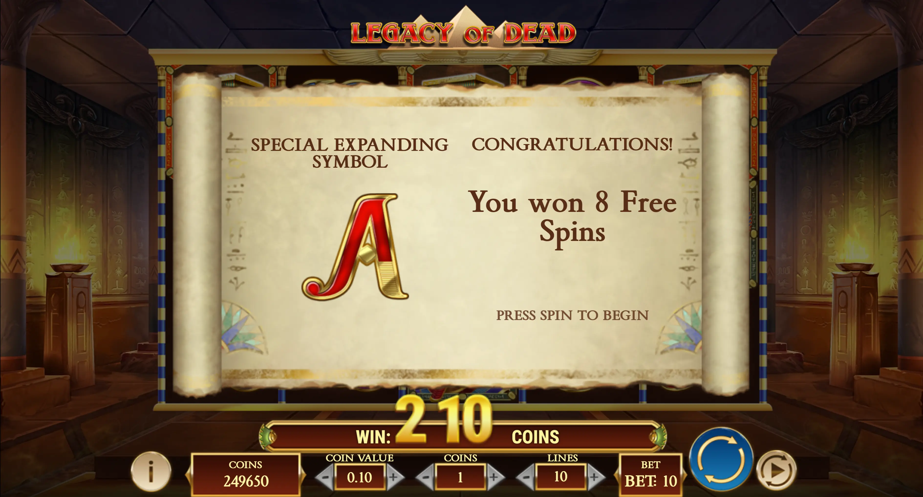 « Legacy of Dead – écran d’annonce des 8 free spins avec symbole expansif sélectionné (A) »