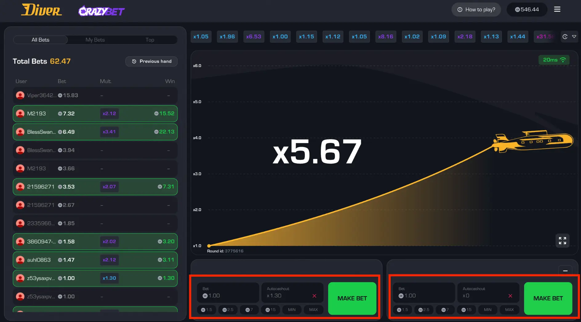 Diver InOut: x5.67 multiplier mid-round