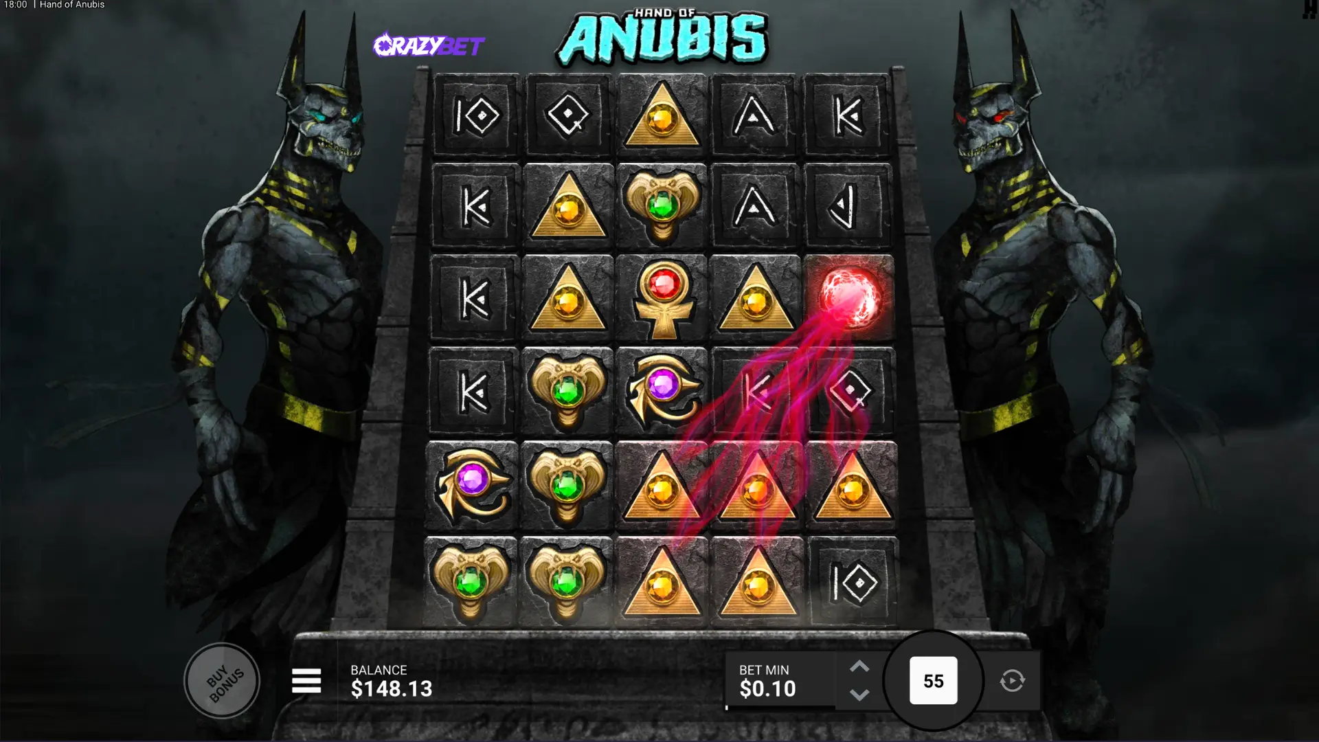 Hand of Anubis, red Soul Orb hitting a cluster, multiplier based on the size of the connected symbol group