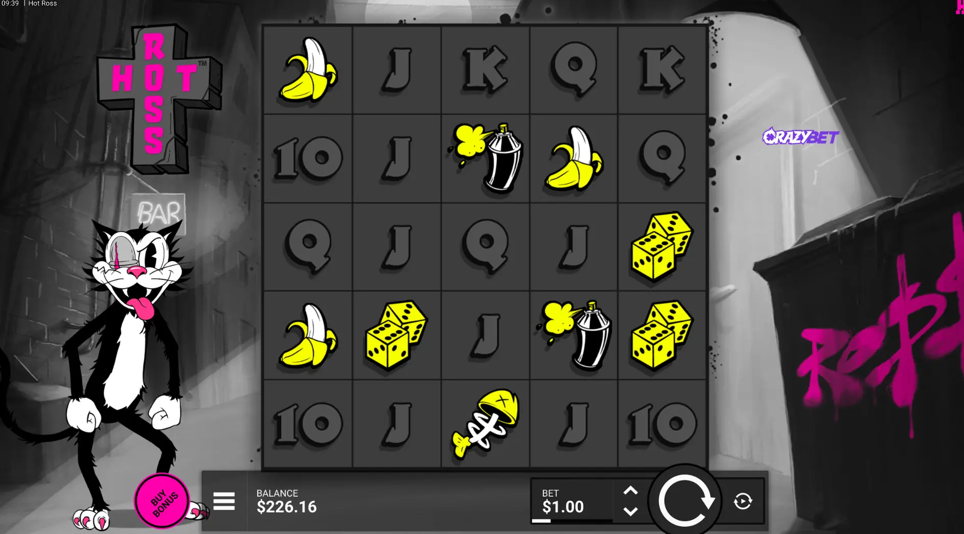 Hot Ro$$ Hacksaw Gaming 5×5 grid with $1.00 stake on CrazyBet