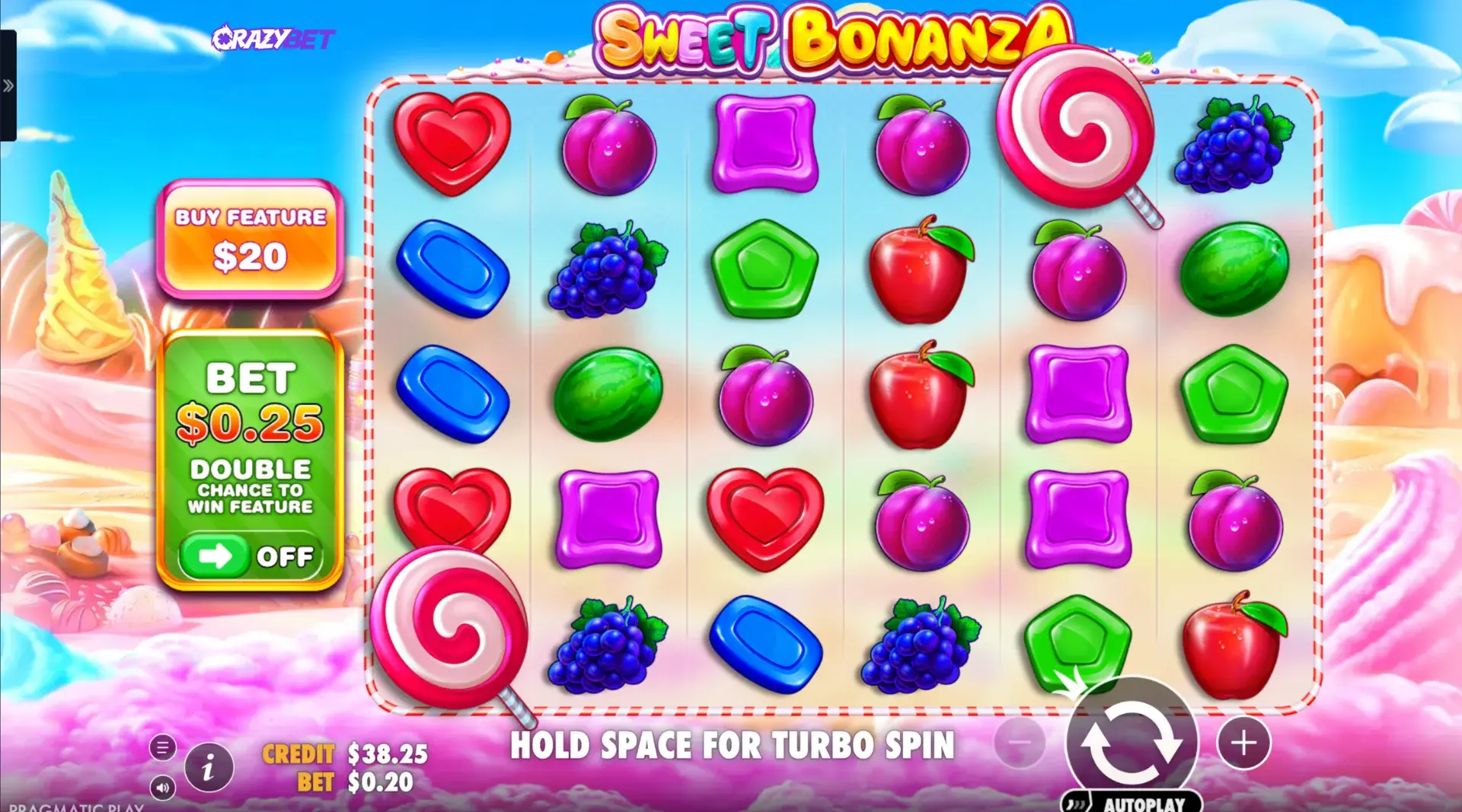 Grille 6×5 de Sweet Bonanza en jeu de base
