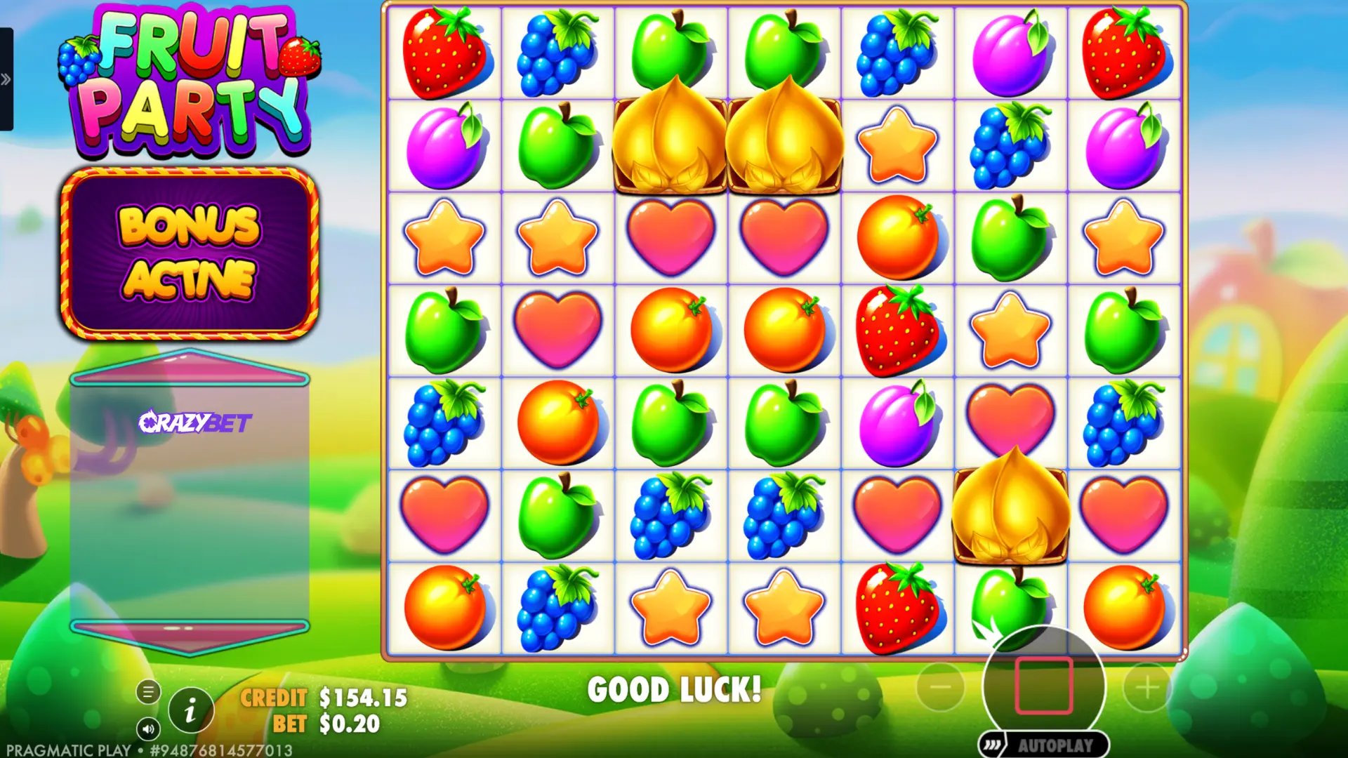 Fruit Party – 3 golden peach scatters trigger the bonus (“BONUS ACTIVE” panel)