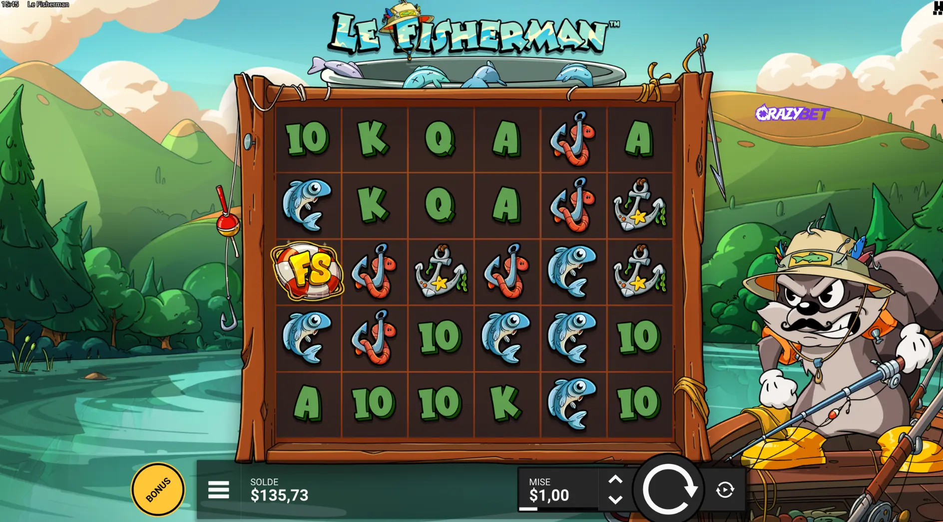 main grid of The Fisherman by Hacksaw Gaming showing the FS symbol and game interface