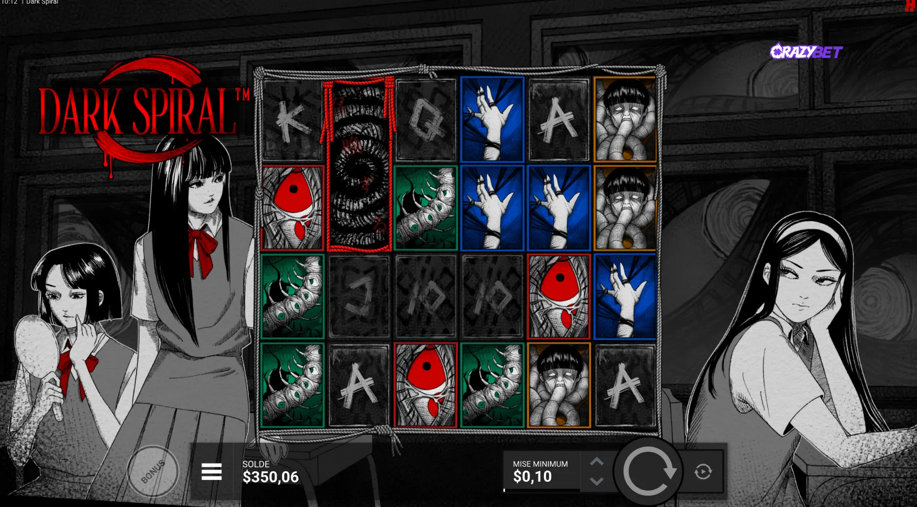 Symbols from the Dark Spiral slot displayed on the 5×5 grid, featuring Japanese horror-inspired icons within the CrazyBet interface.