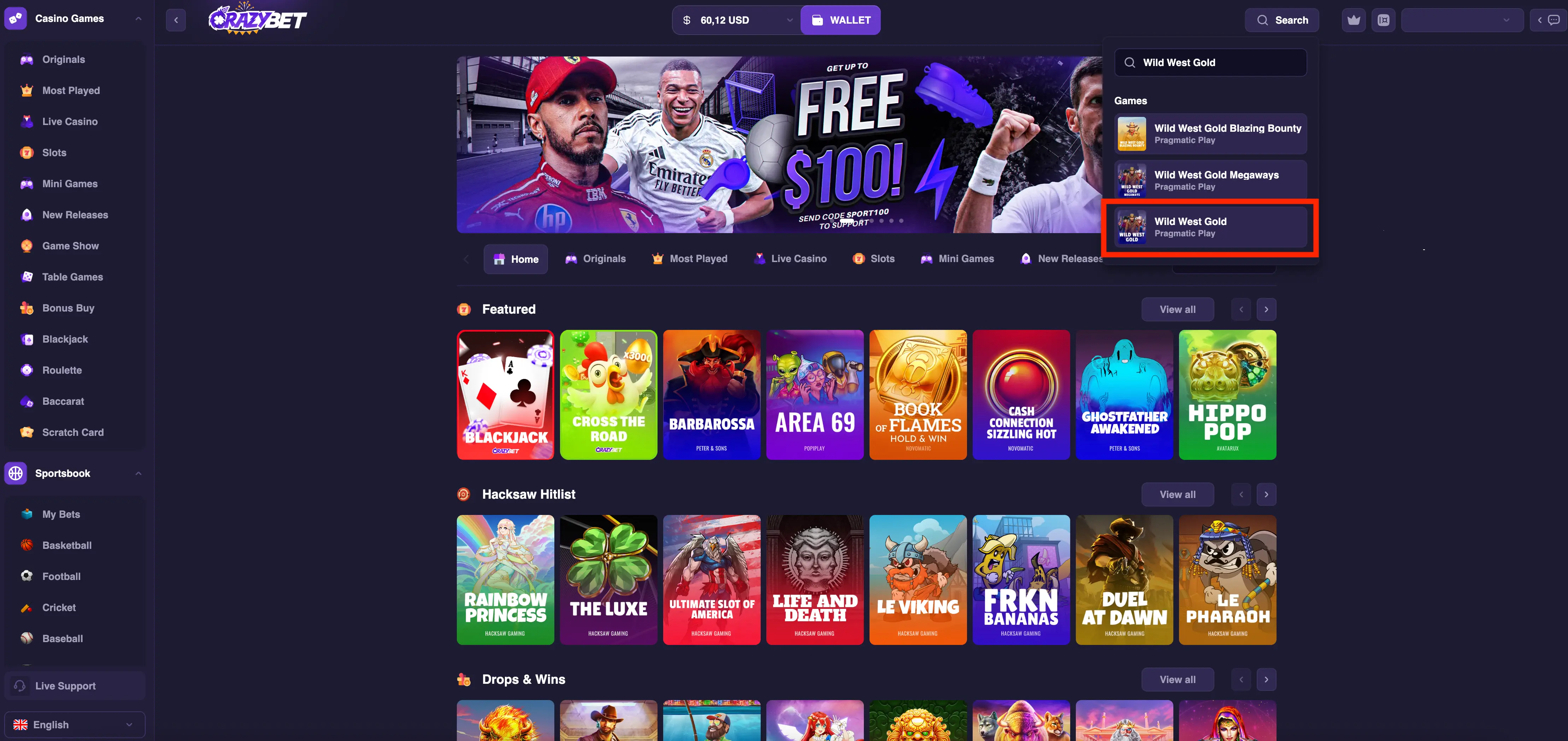 CrazyBet - search "Wild West Gold" (Pragmatic Play) in the casino lobby