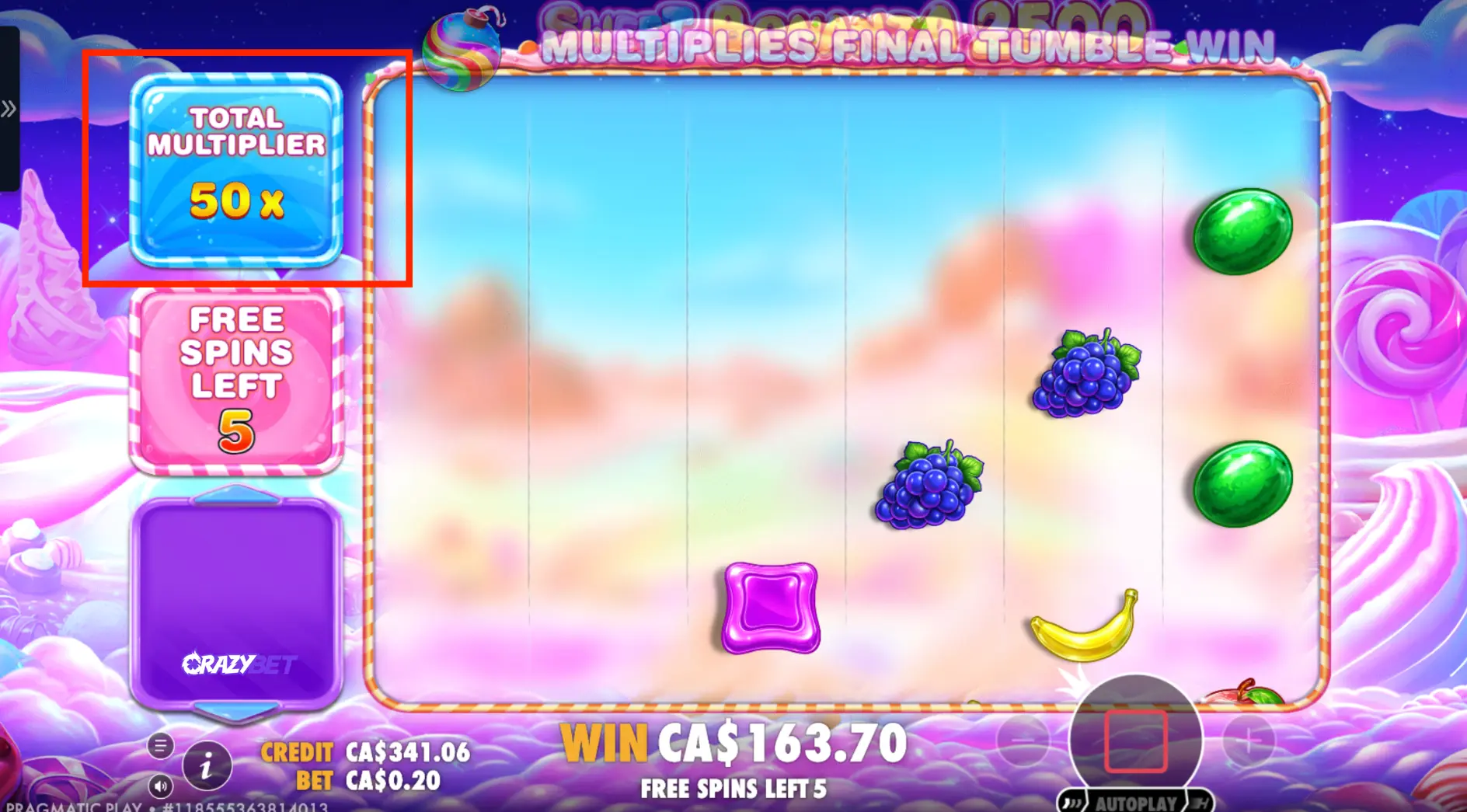 Sweet Bonanza 2500 Free Spins: A 50x total multiplier locking in a massive hit.
