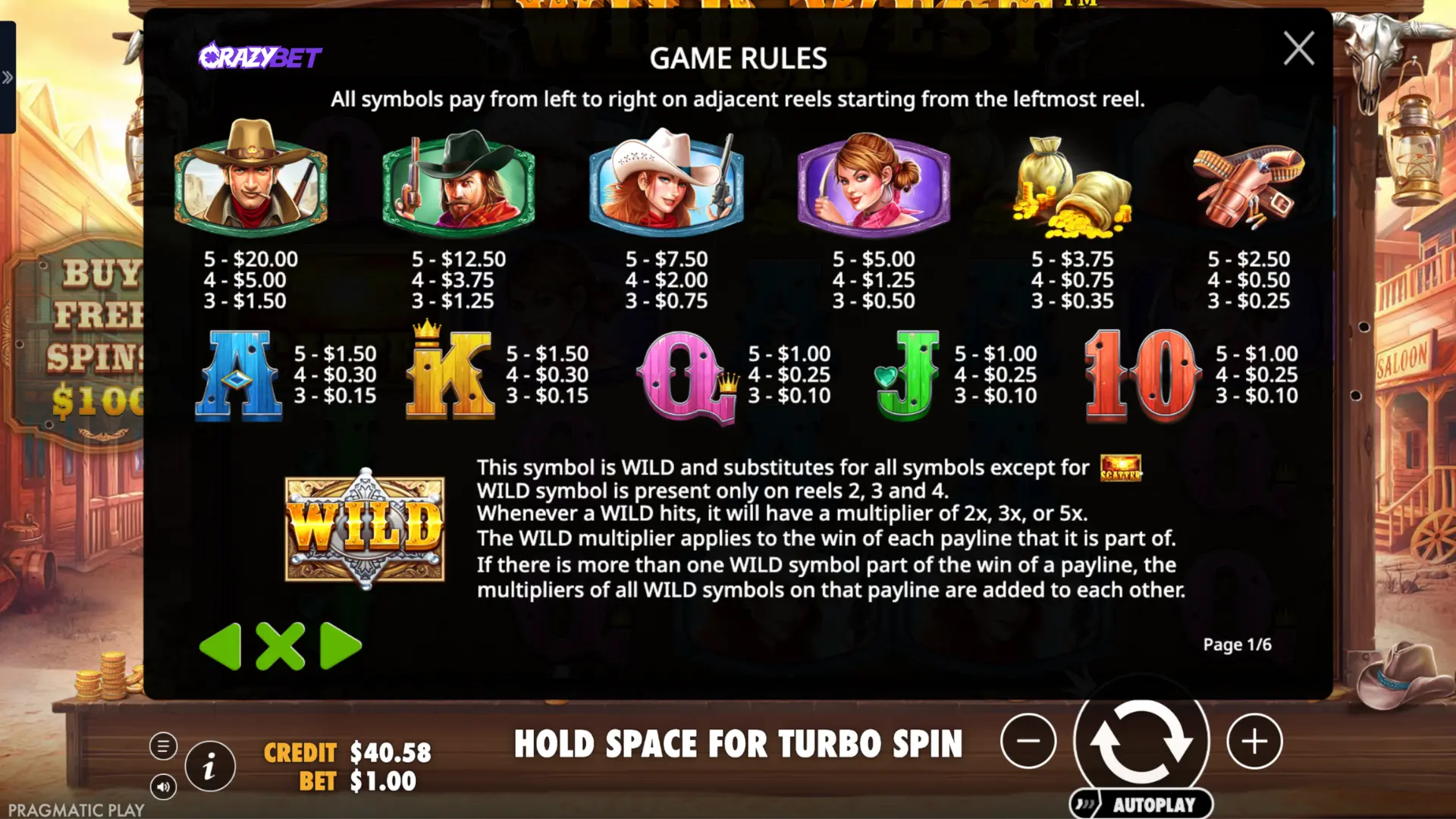 Wild West Gold - Pragmatic Play Paytable and Symbols