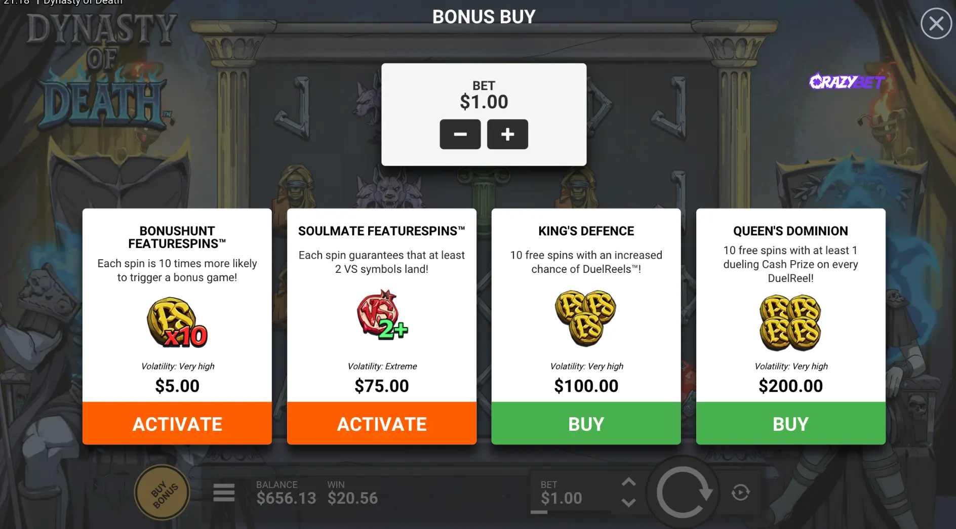 Dynasty of Death bonus buy menu with free spins options