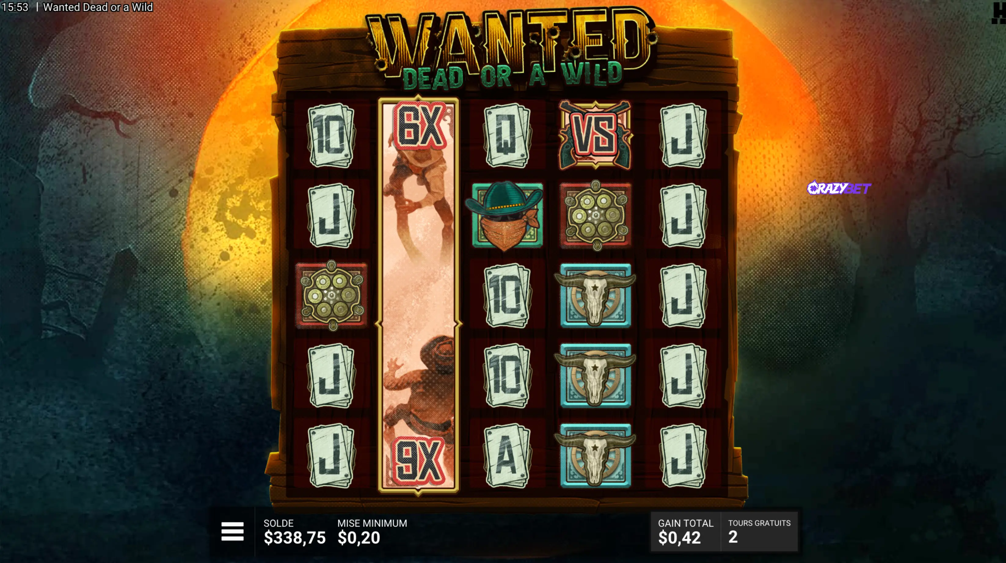Duel between two outlaws showing 6× and 9× multipliers on Wanted Dead or a Wild.