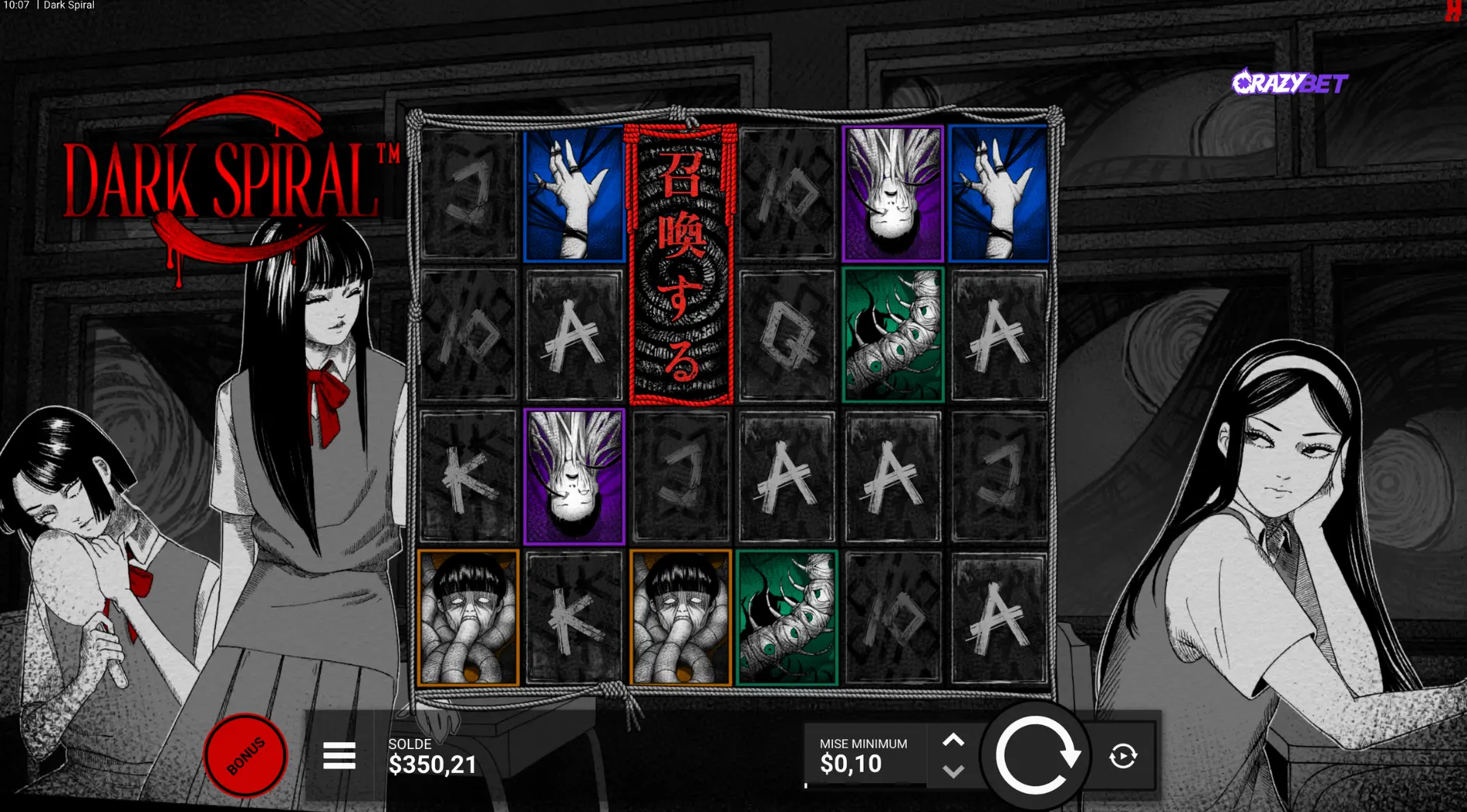 Interface of the Dark Spiral slot showing the 5×5 grid and Japanese horror-inspired symbols on CrazyBet.