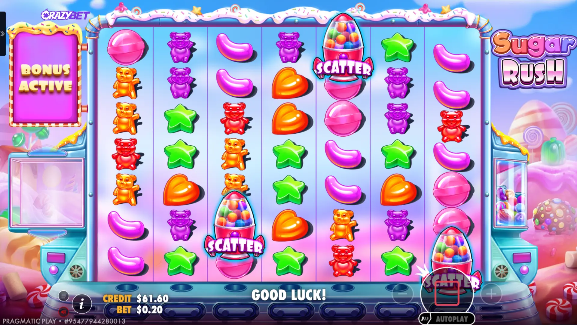 start of Sugar Rush free spins after activation by 3 scatters
