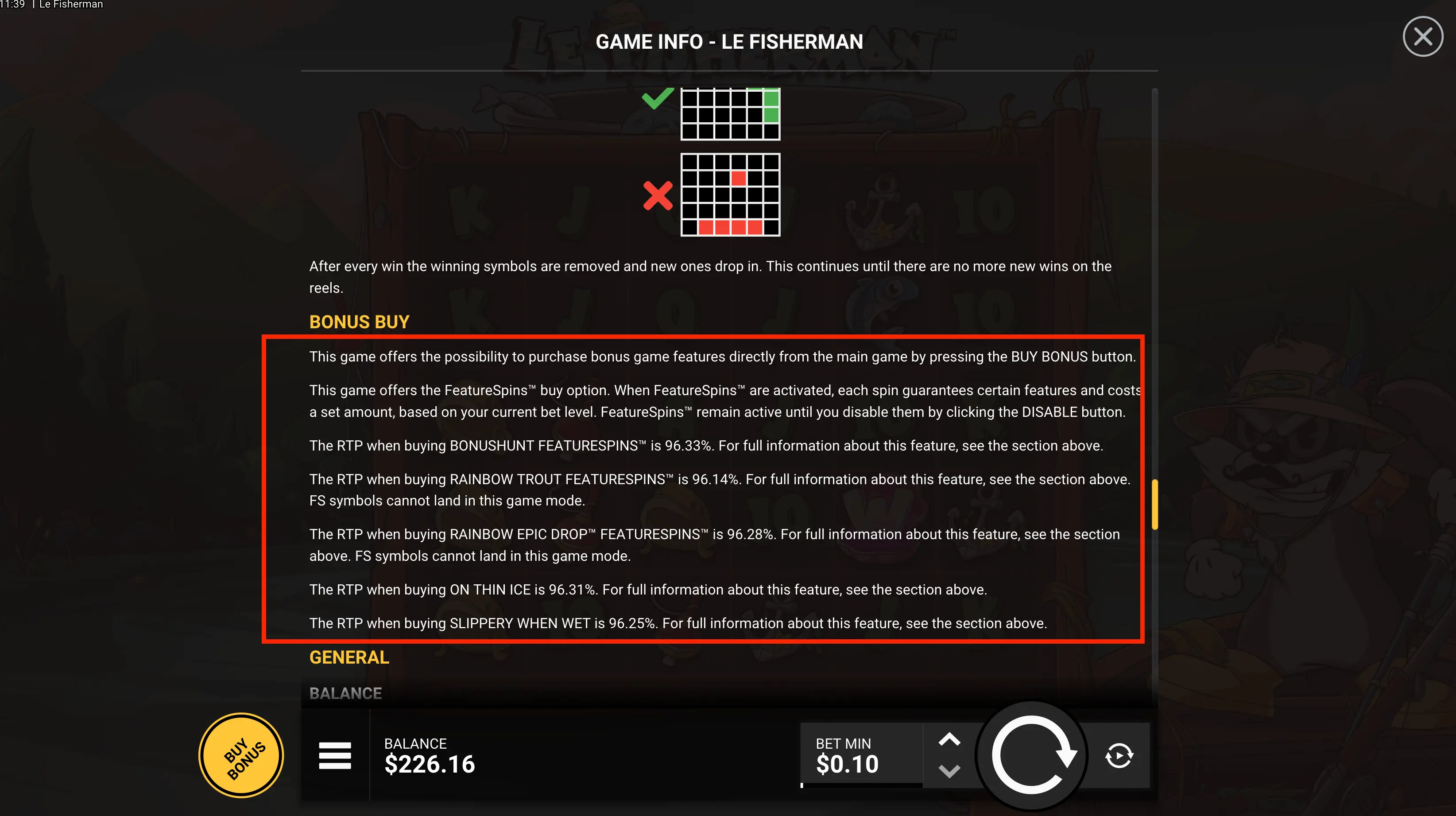game info screen in The Fisherman by Hacksaw Gaming with RTP and bonus buy details