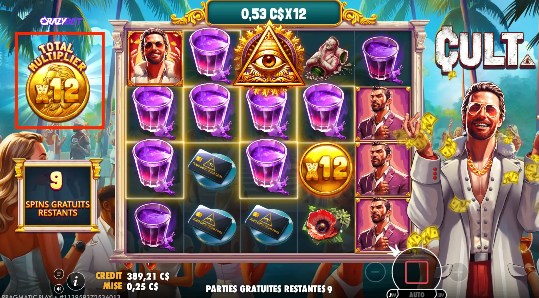 Total x12 multiplier active on the CULT slot with winnings during free spins.