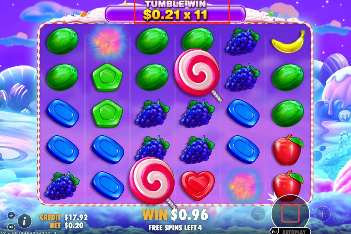 Multiplier bomb active during Sweet Bonanza free spins