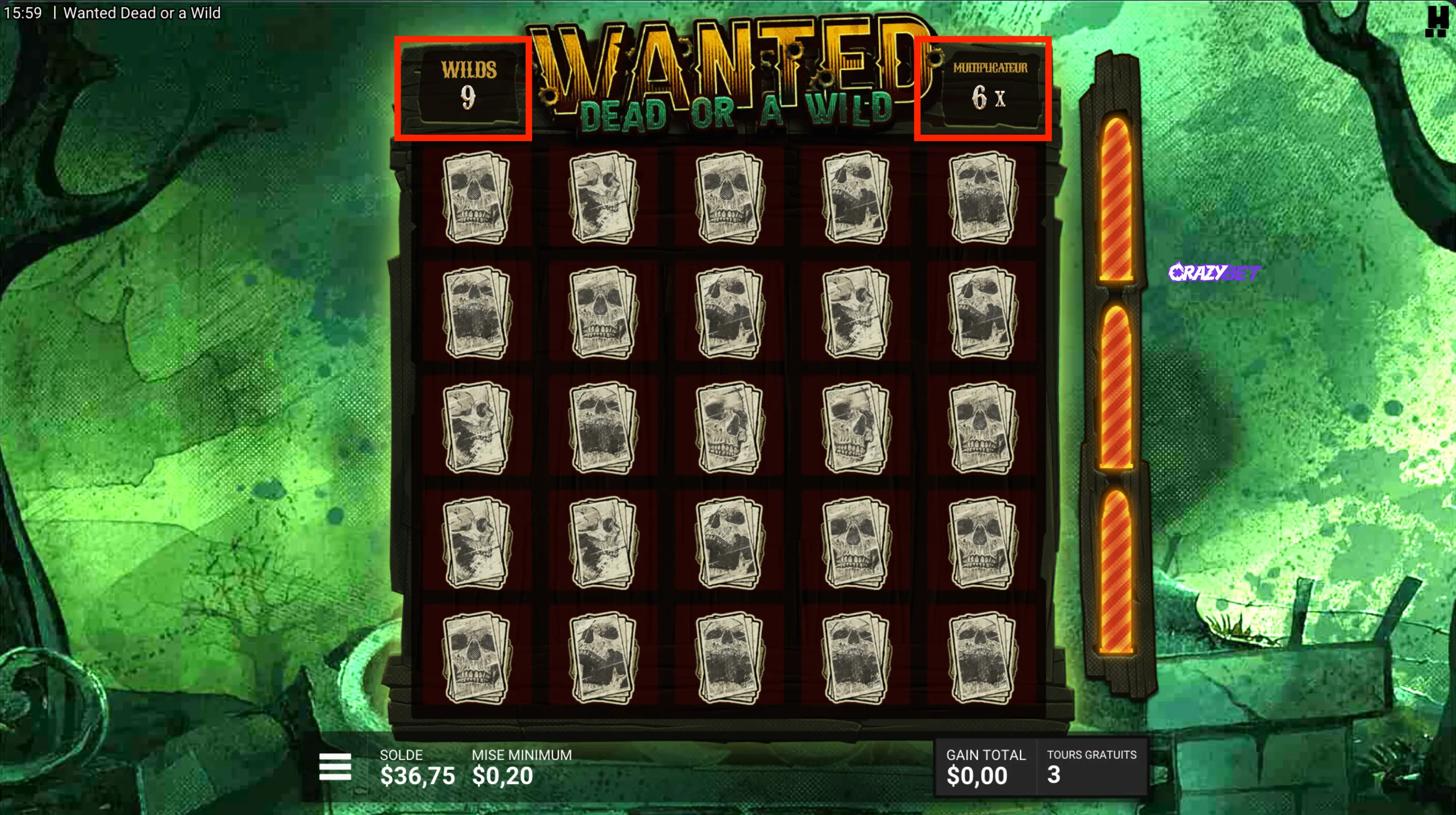Counter showing 9 Wilds and a 6× multiplier collected in the Dead Man’s Hand bonus.
