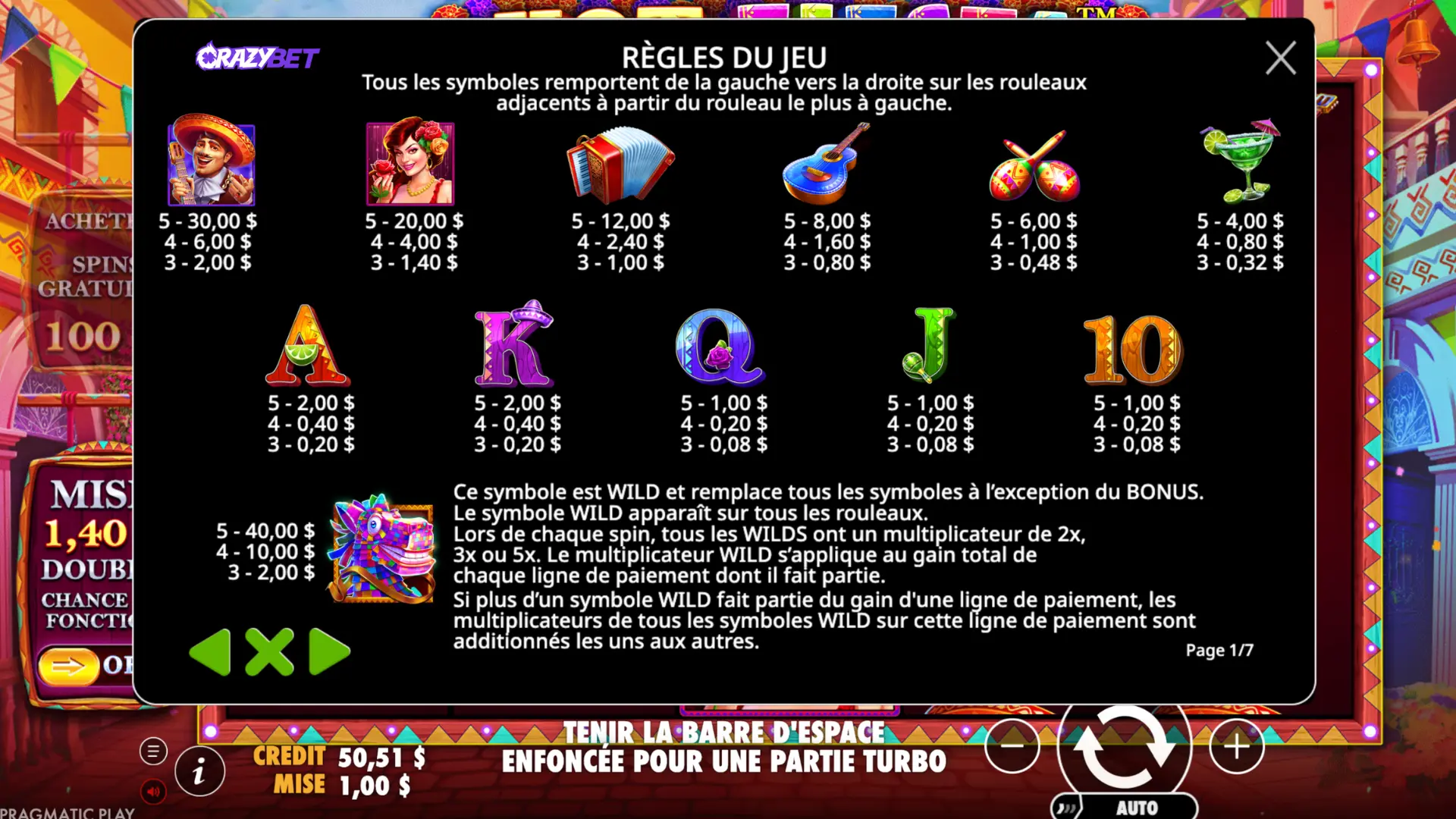 Hot Fiesta: Paytable and Rules, x2/x3/x5 Piñata WILD