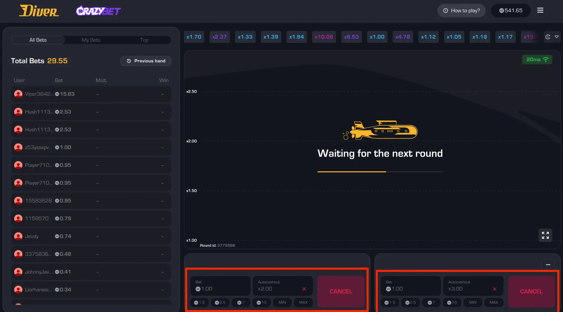 Diver InOut betting UI: Stake options and auto-cashout functionality