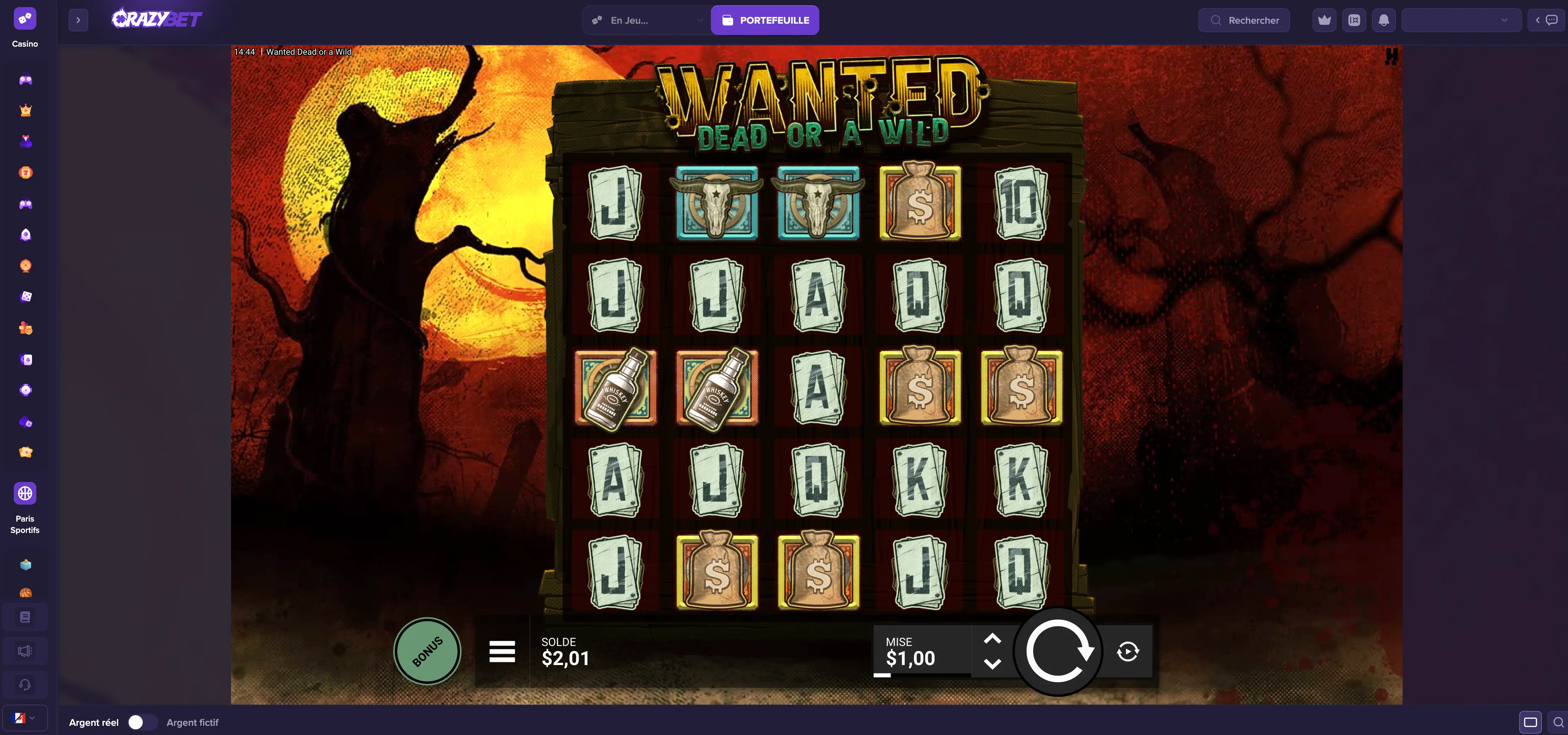 Interface of the Wanted Dead or a Wild slot on the online casino CrazyBet.