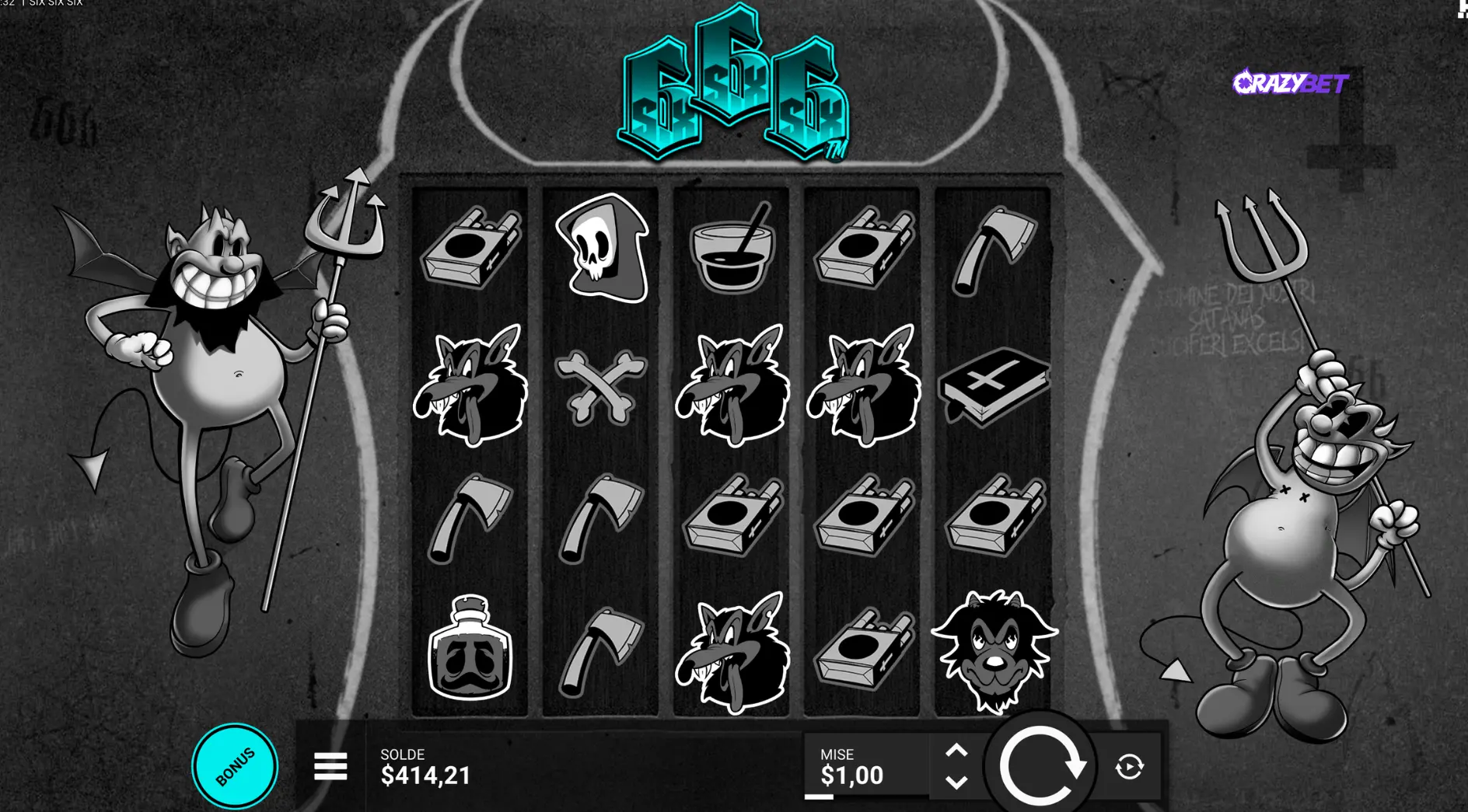 Interface of the Six Six Six slot showing the 5×5 grid and demonic symbols on CrazyBet.
