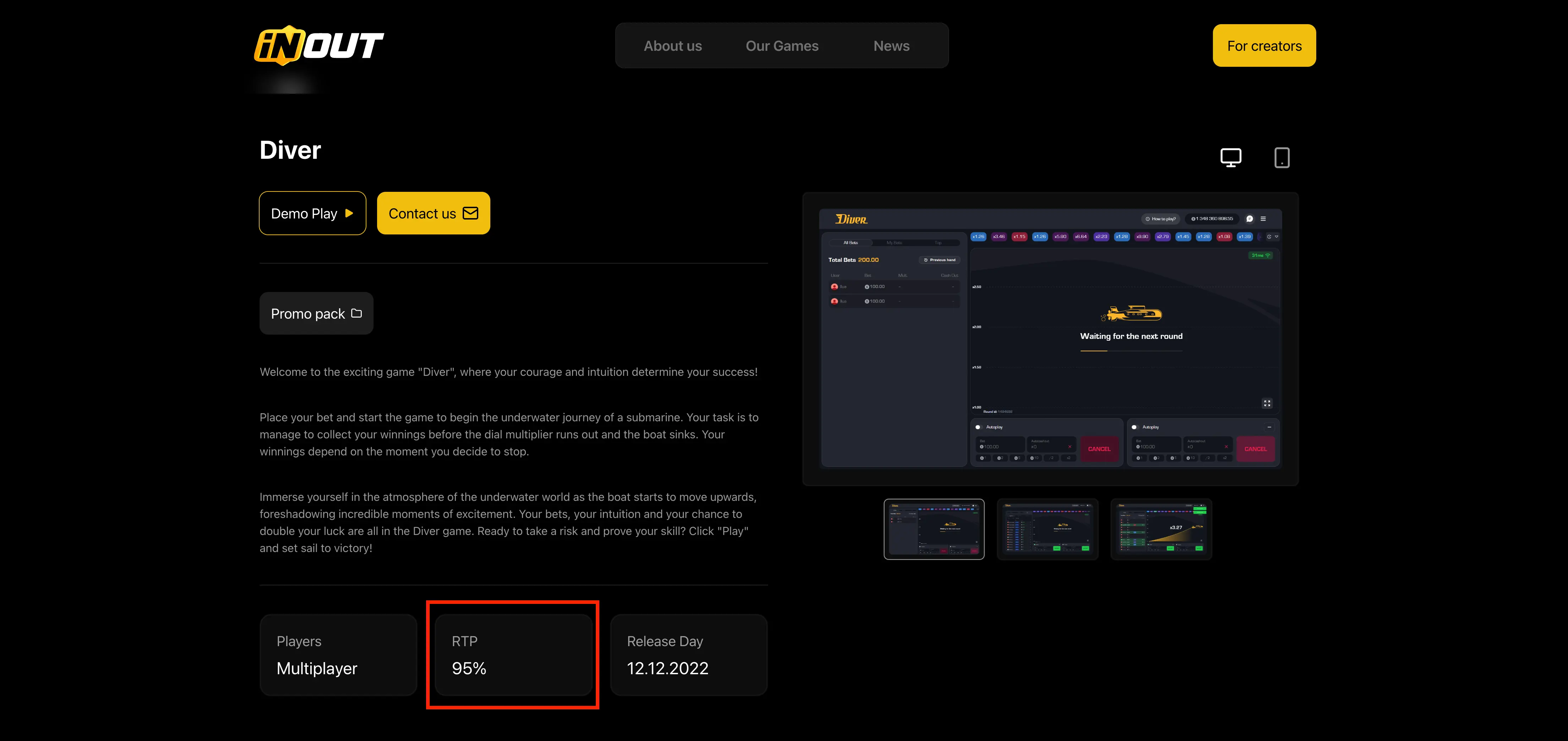 Diver InOut: 95% RTP verified on official game page