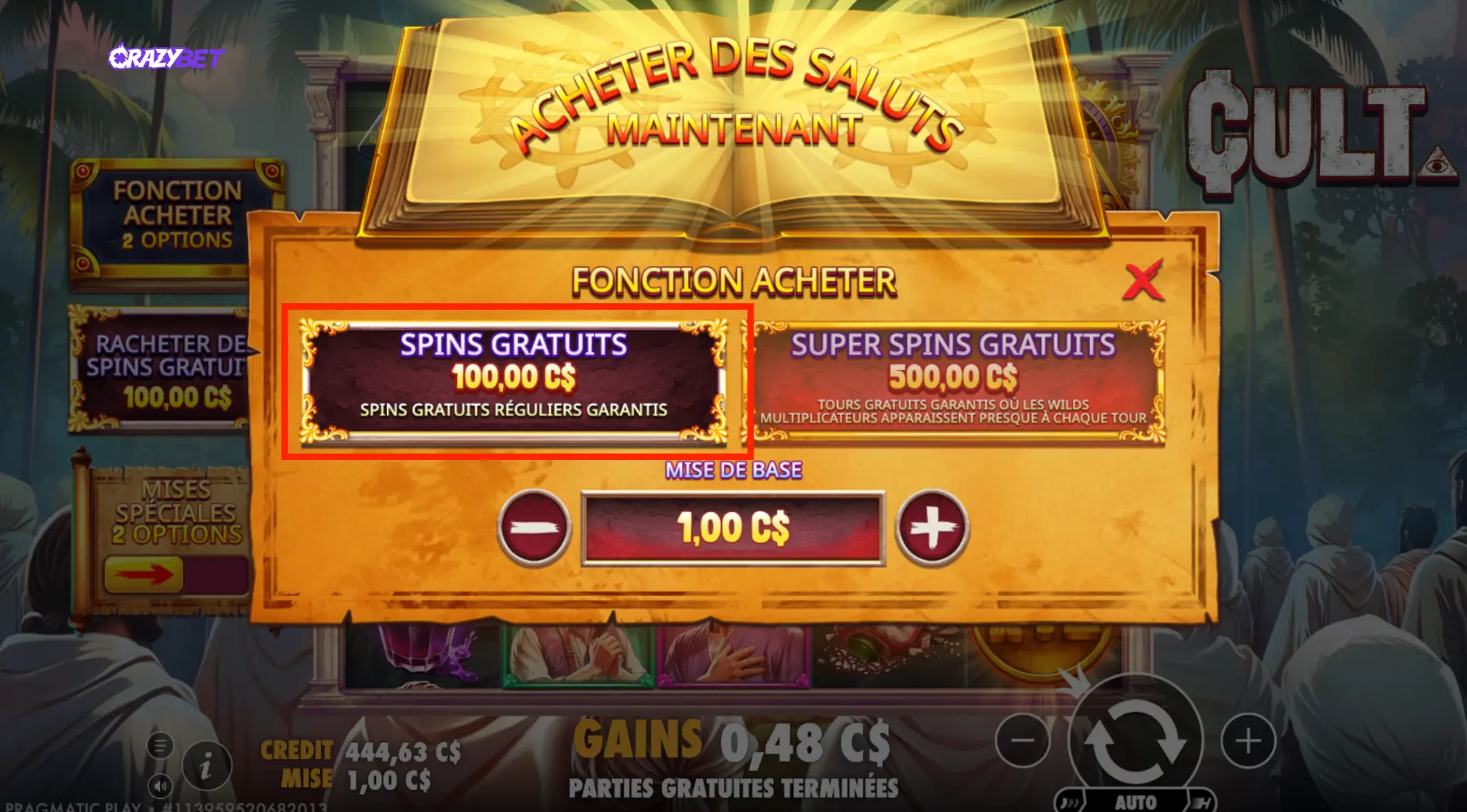 Free spins purchase option in the CULT slot by Pragmatic Play.