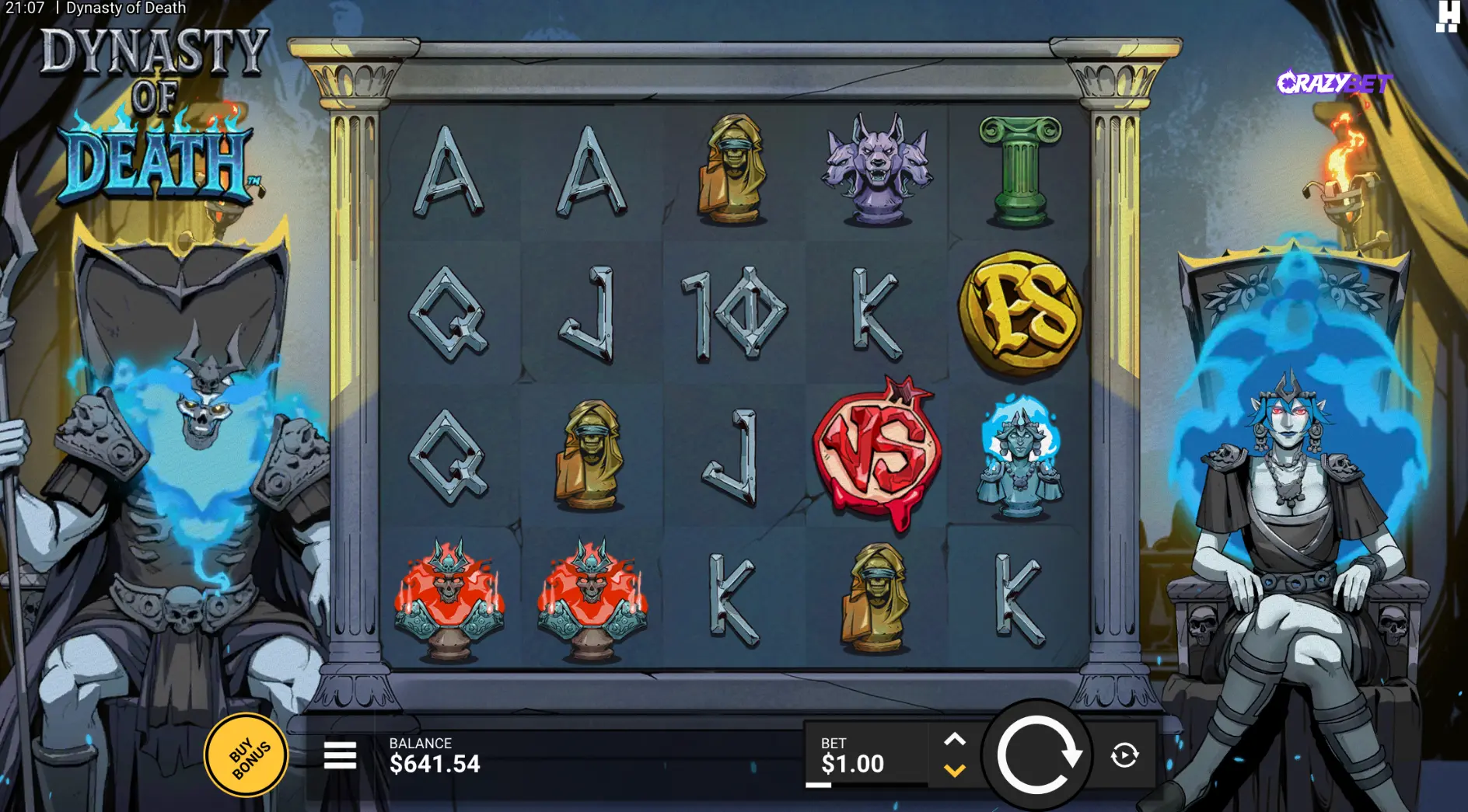 Dynasty of Death base grid Hacksaw Gaming slot wild vs bonus symbols
