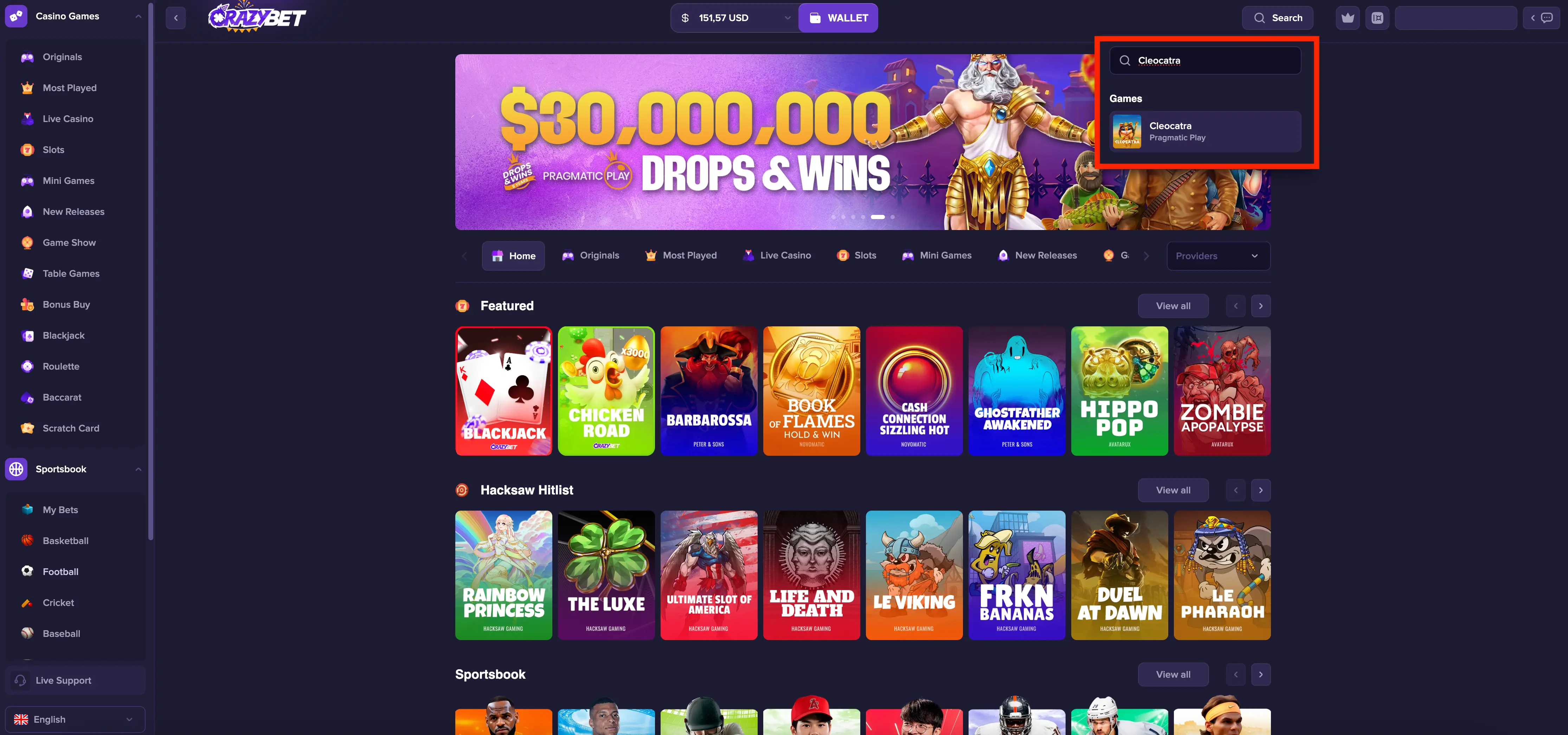 Cleocatra Search in the Casino Lobby – CrazyBet Home Screen