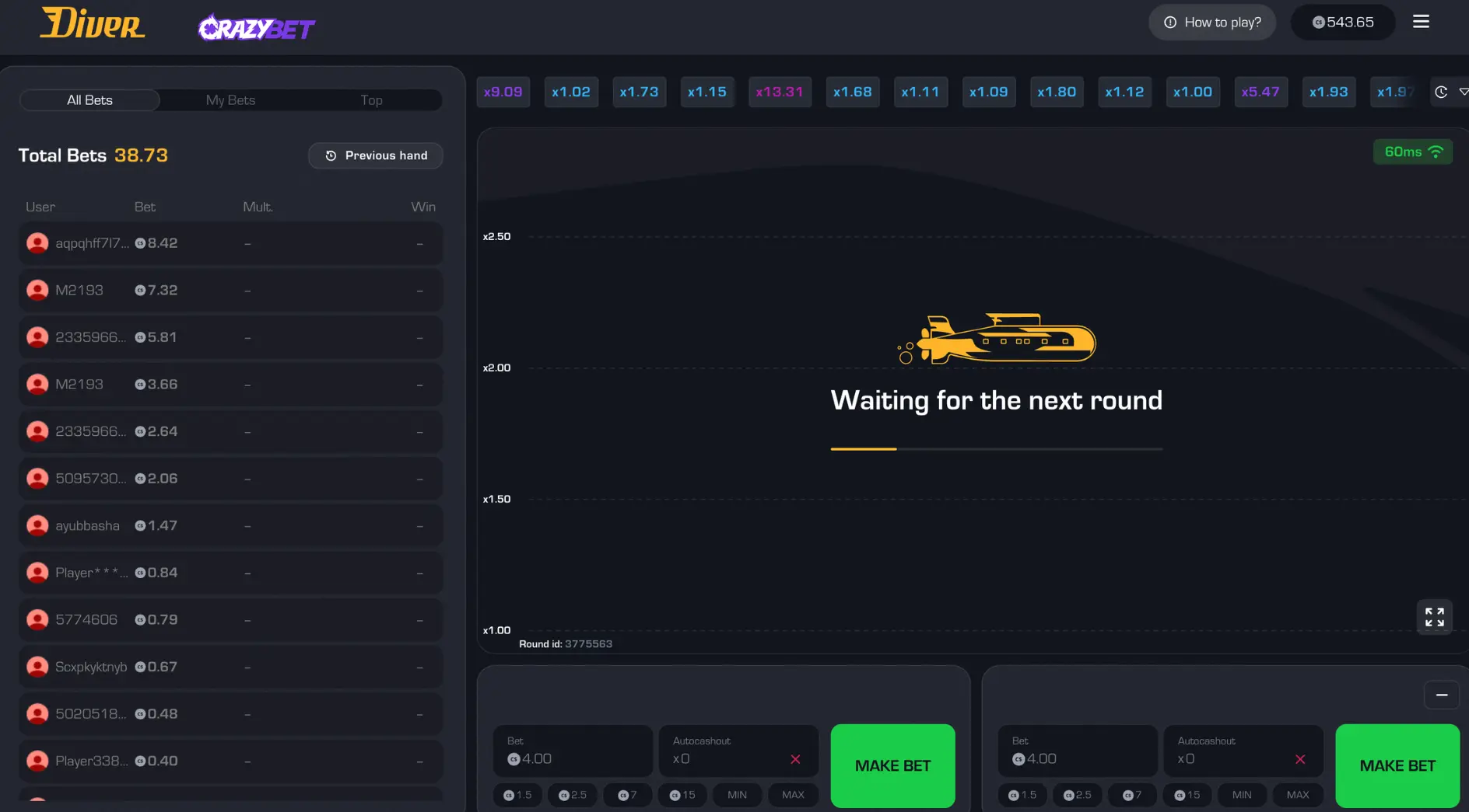 Diver InOut crash interface: Multiplier tracking and round transition