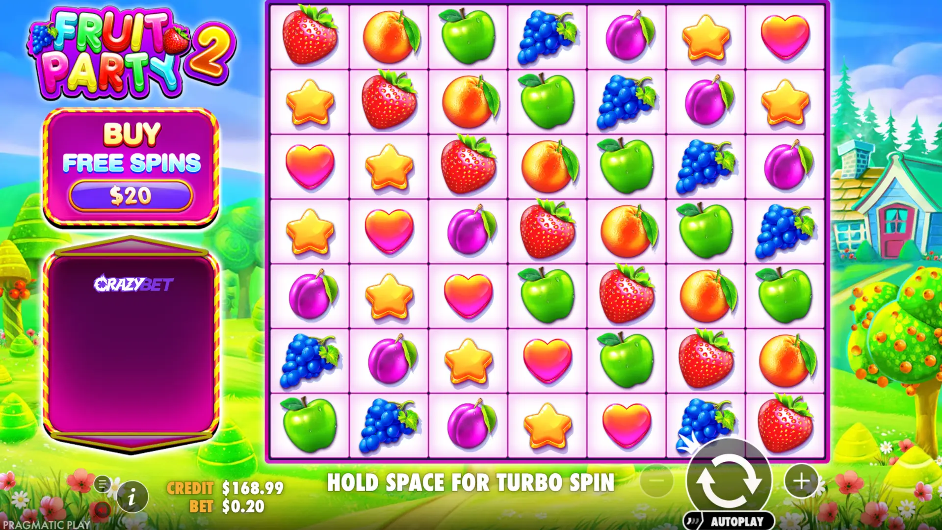 Fruit Party 2 – $20 Free Spins Buy button and 7×7 grid (Pragmatic Play)