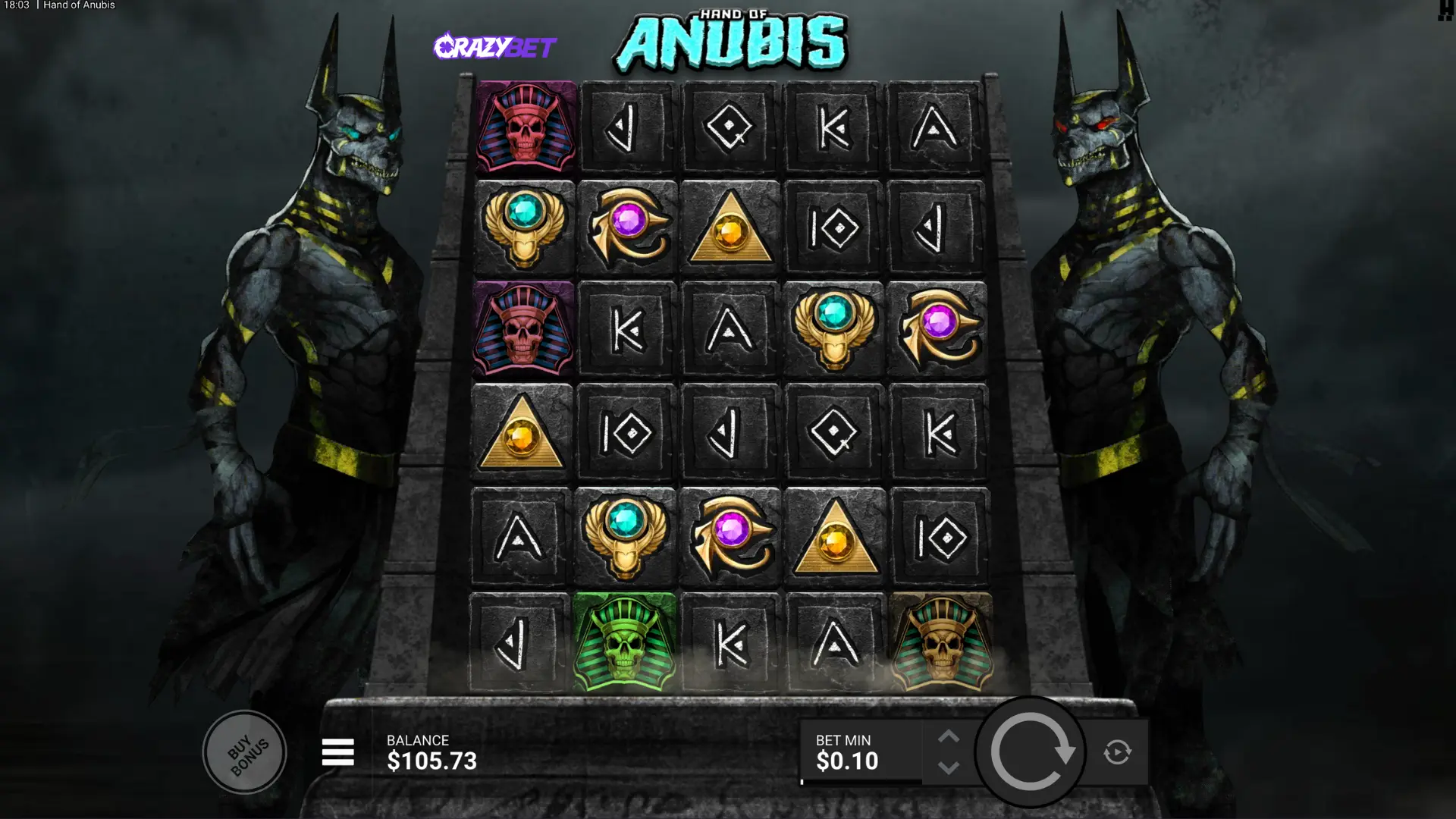 Hand of Anubis, Buy Bonus screen: Underworld (very high volatility) or Judgment (high volatility)