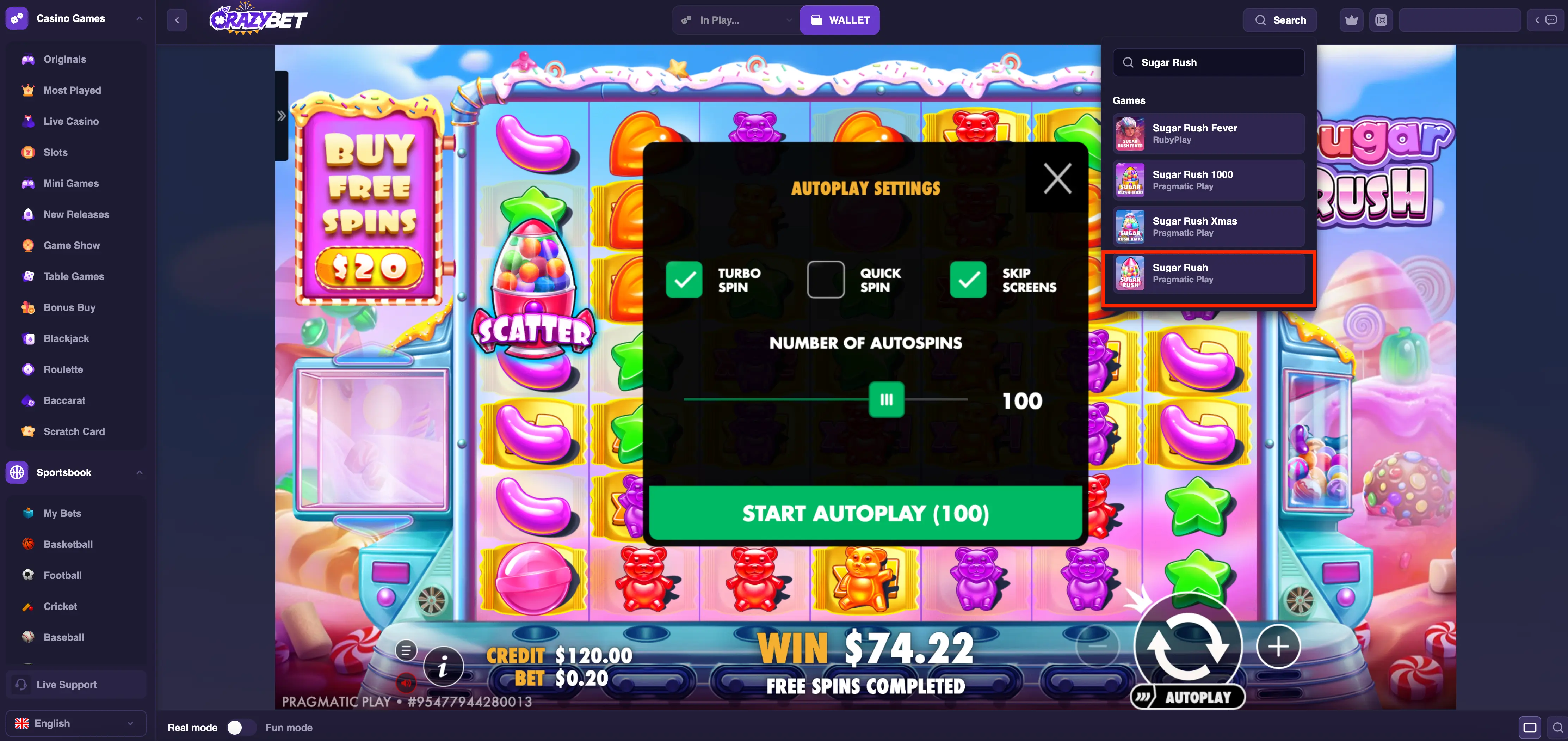 CrazyBet - Sugar Rush Pragmatic Play - game search and autoplay settings