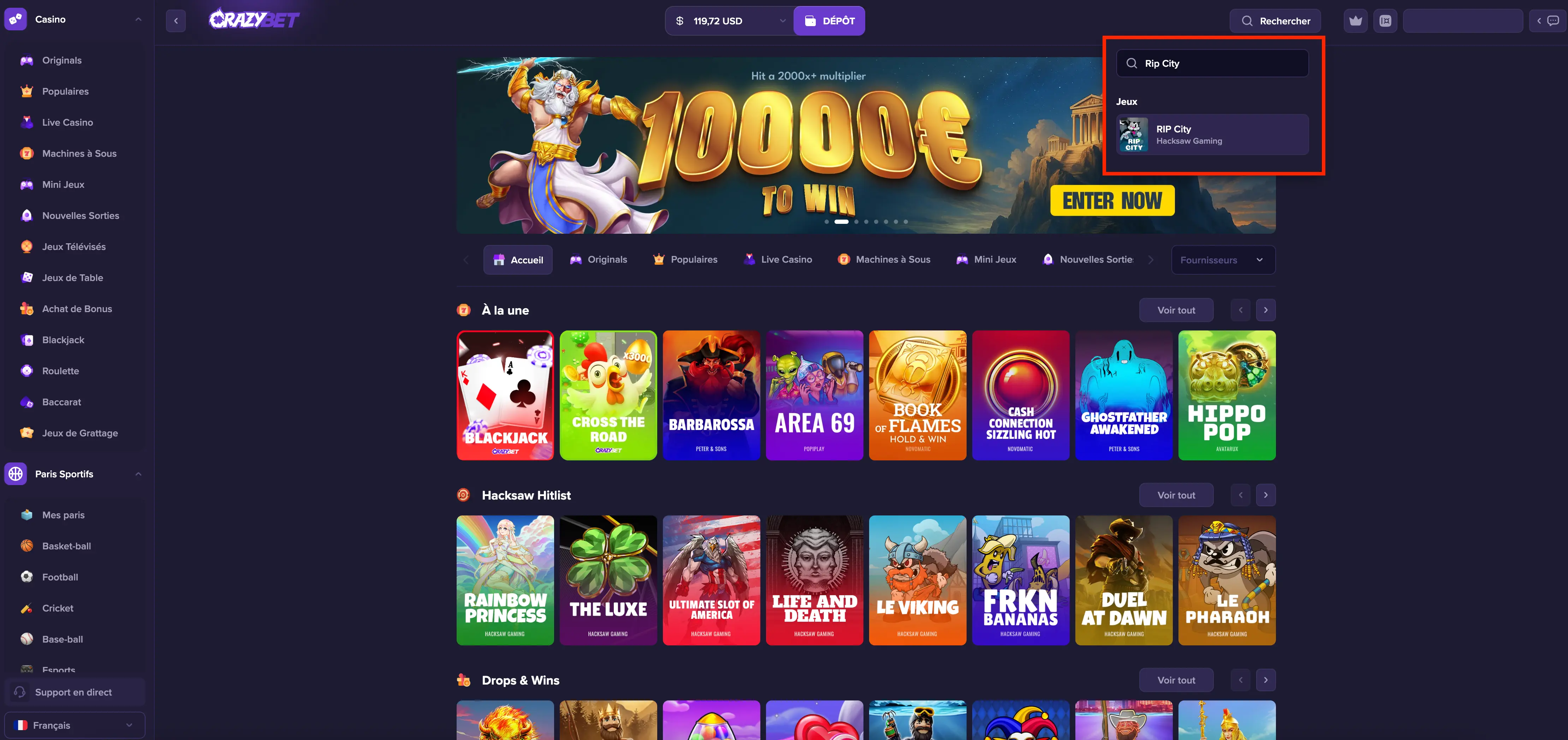 RIP City sur CrazyBet – recherche dans le lobby