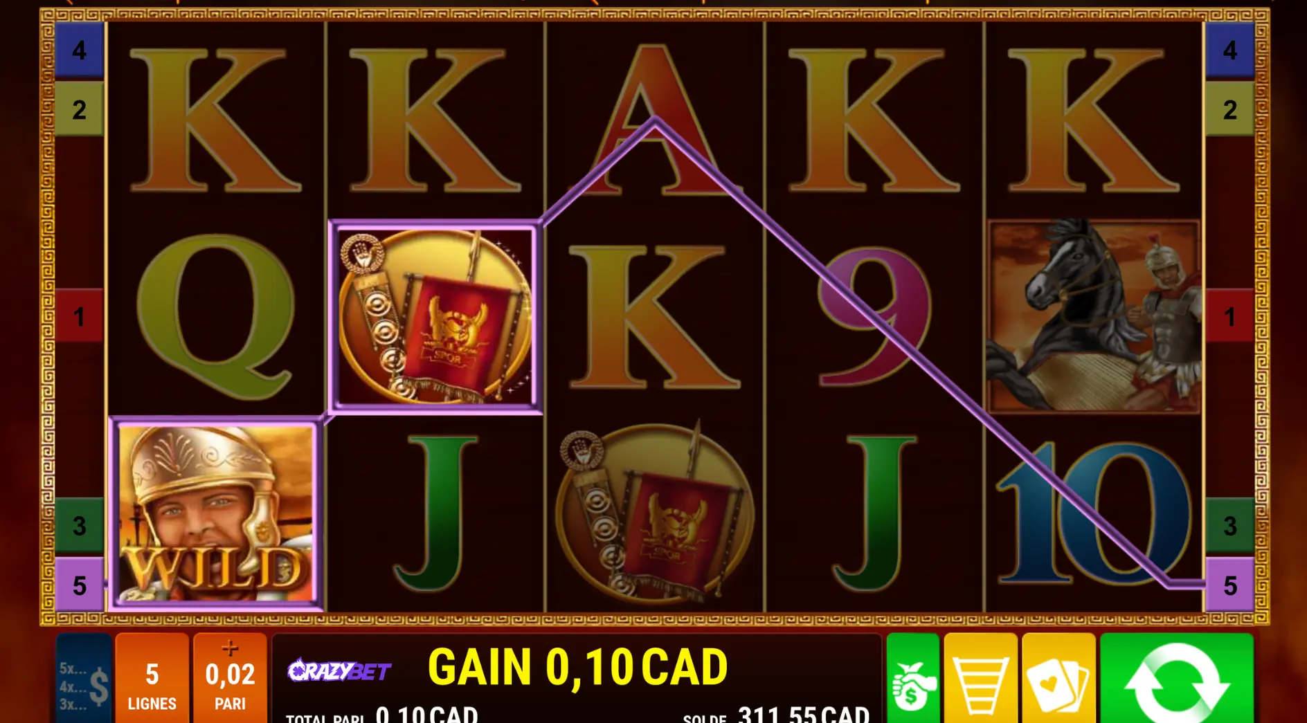 Roman Legion Gamomat slot featuring the Wild symbol and a 0.10 CAD win