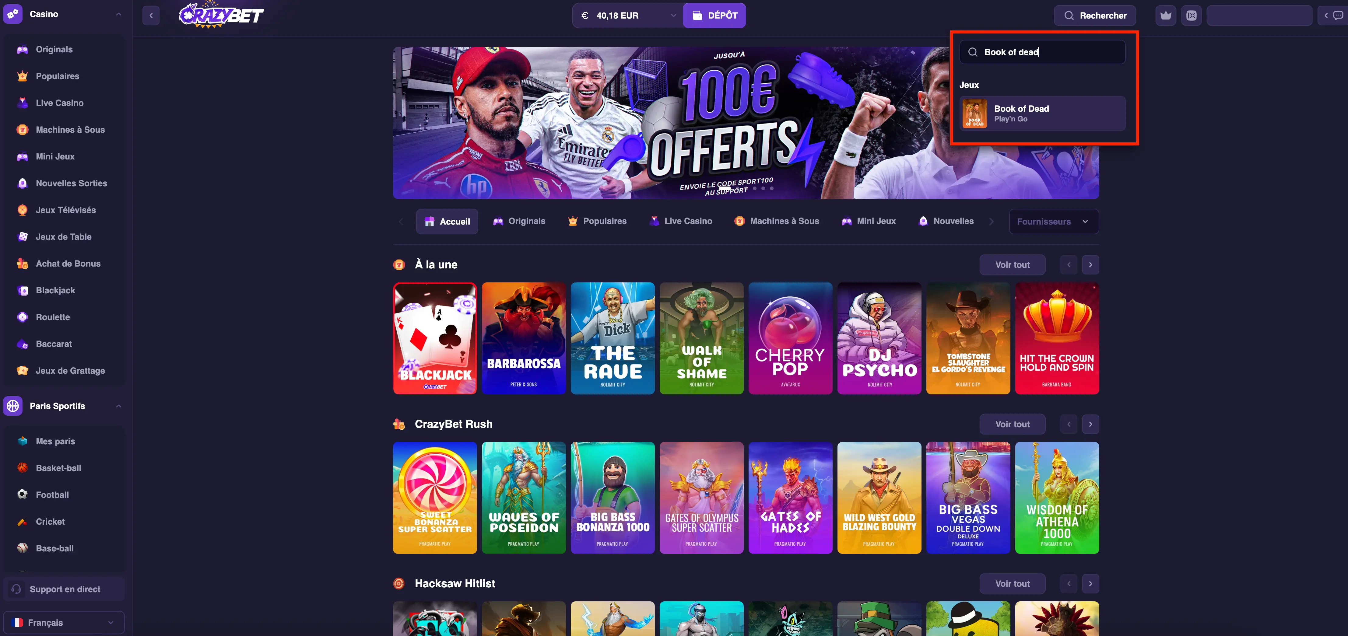 CrazyBet – searching for the Book of Dead game by Play’n Go in the lobby