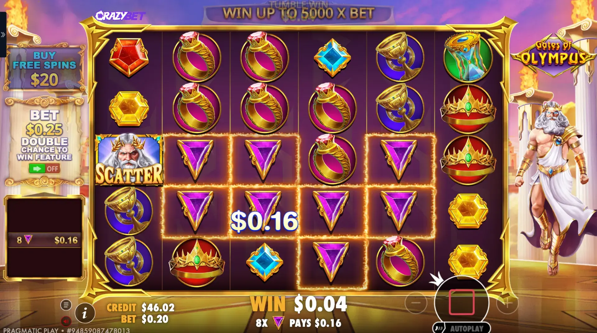 Gates of Olympus - 8 purple triangles connecting for a cascading win