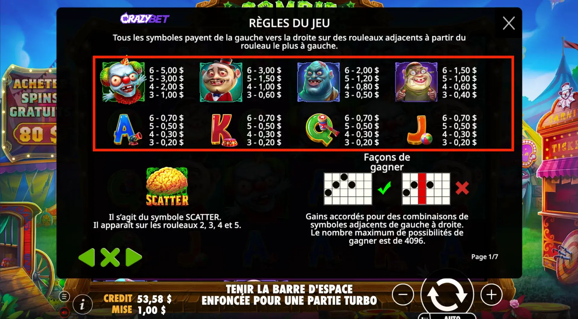 Symbol Values – Zombie Carnival (paytable)