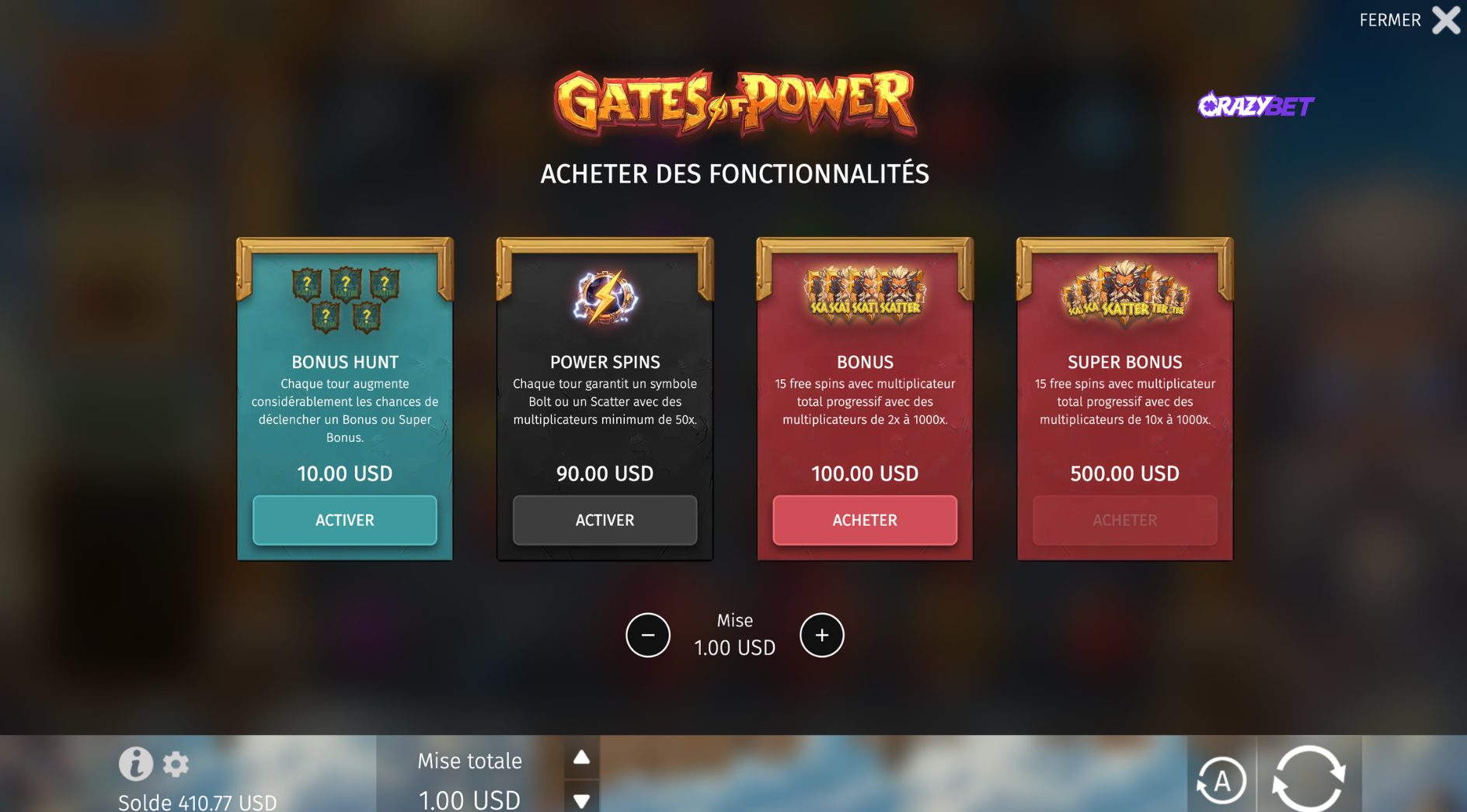 Gates of Power Bonus Buy menu with Bonus Hunt, Power Spins, and Super Bonus options