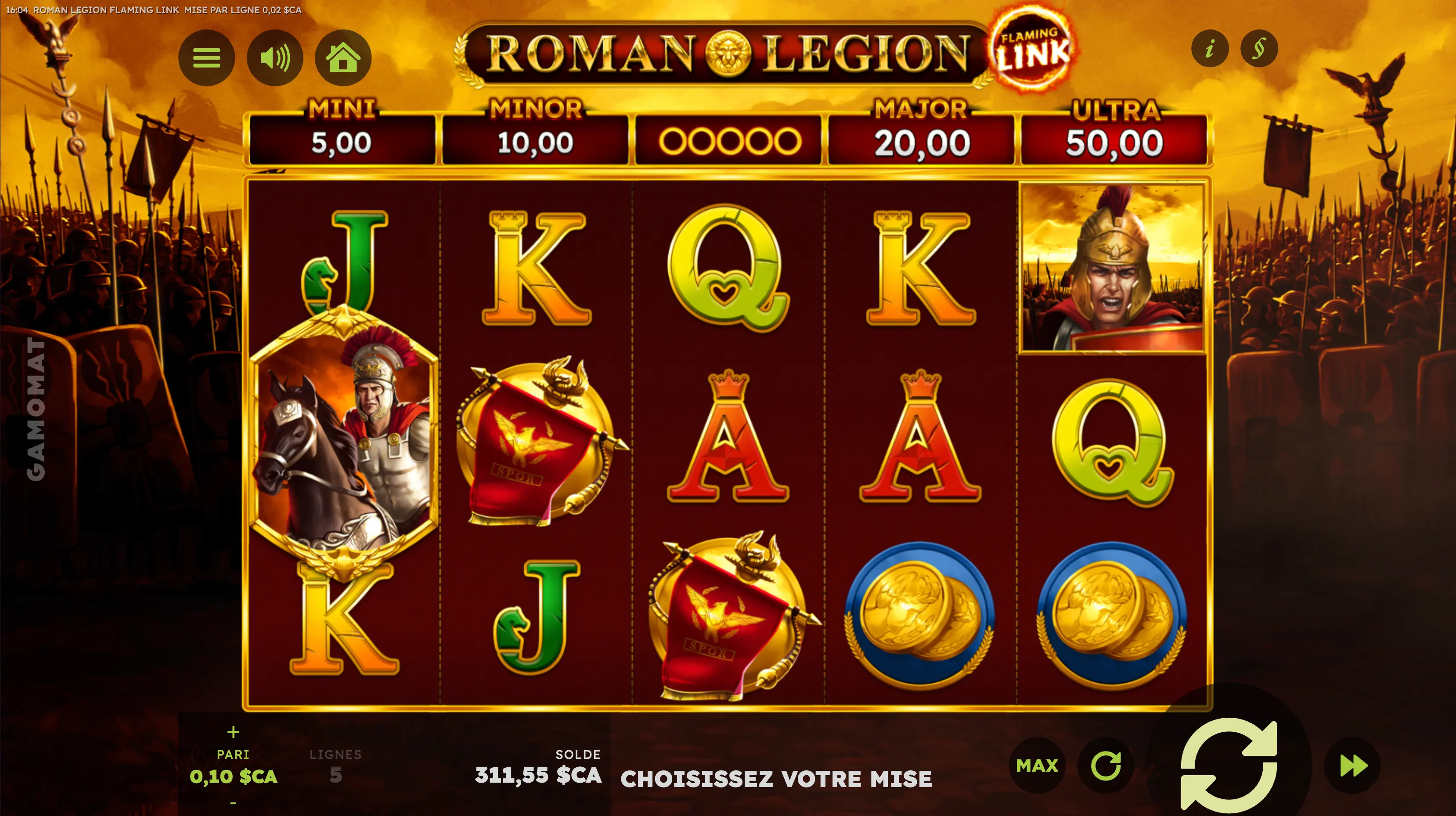Roman Legion Flaming Link Gamomat 5-reel grid with Mini, Minor, Major and Ultra jackpots