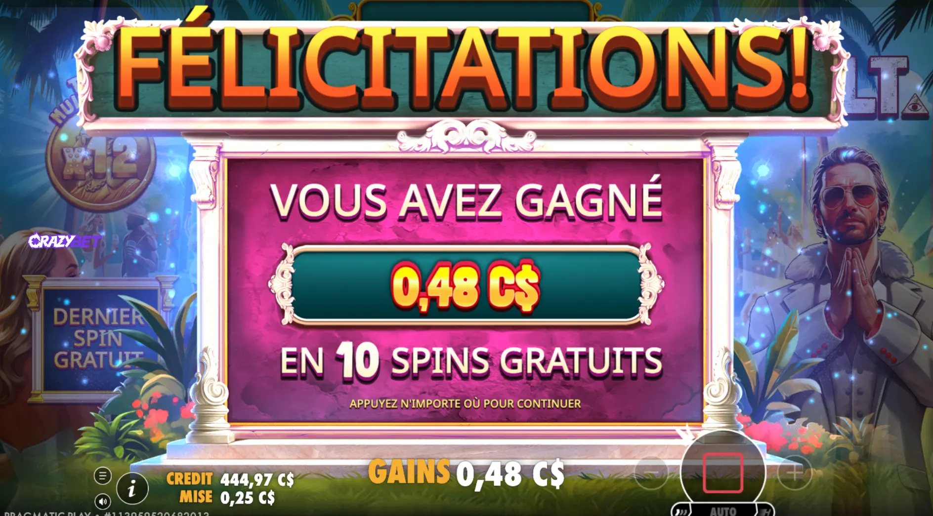 Free spins winnings on CULT slot by Pragmatic Play shown on the win screen.