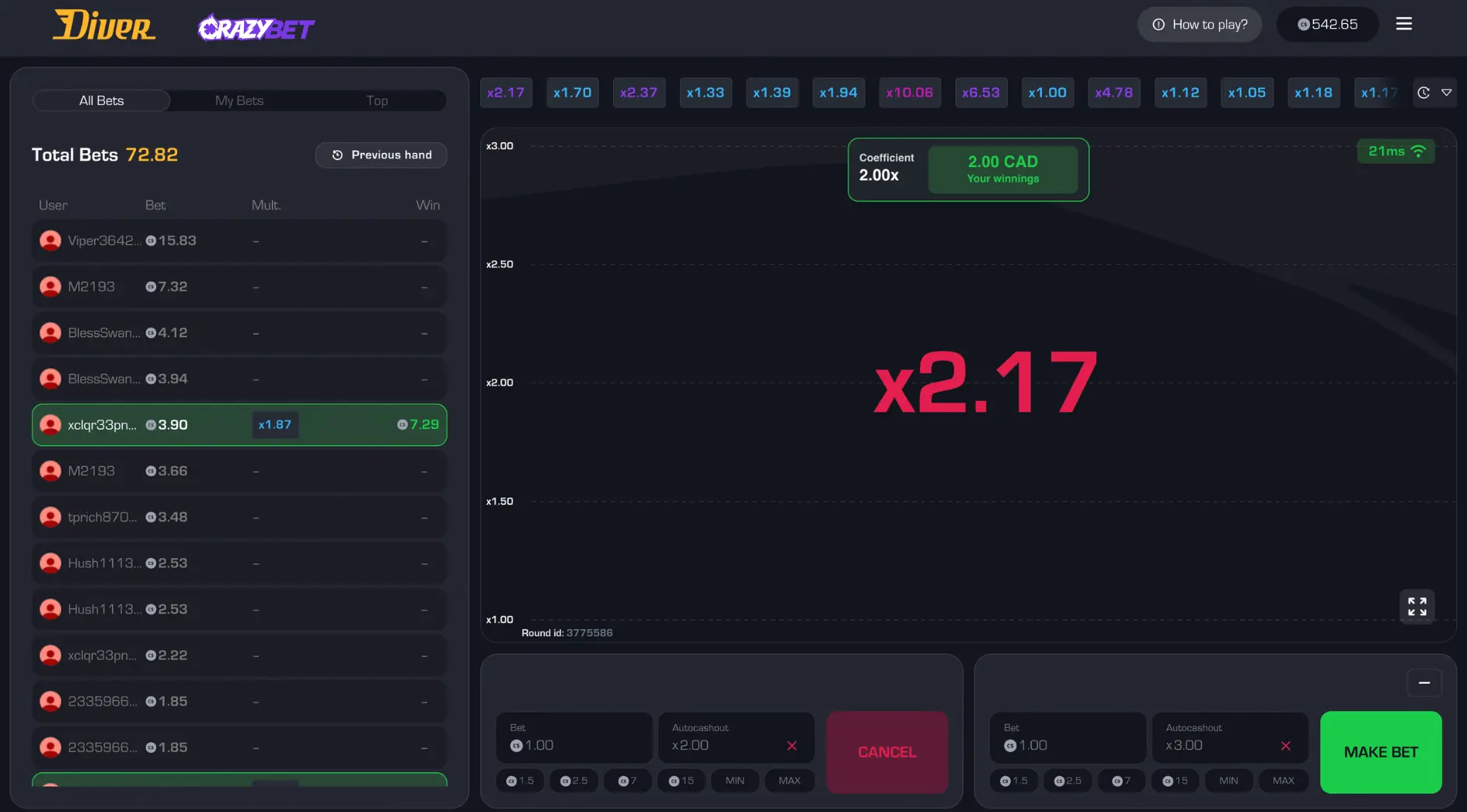 Diver InOut: x2.17 multiplier hit and player payout